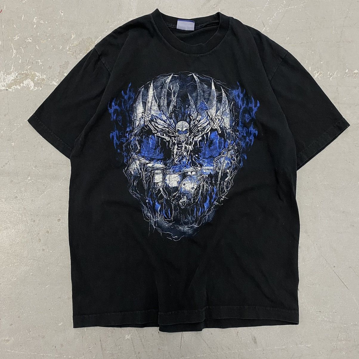 Affliction × Japanese Brand × Vintage Vtg Y2K Gothic Skull Drumkit Skeleton Flame Tee Grunge Size US L / EU 52-54 / 3 - 1 Thumbnail