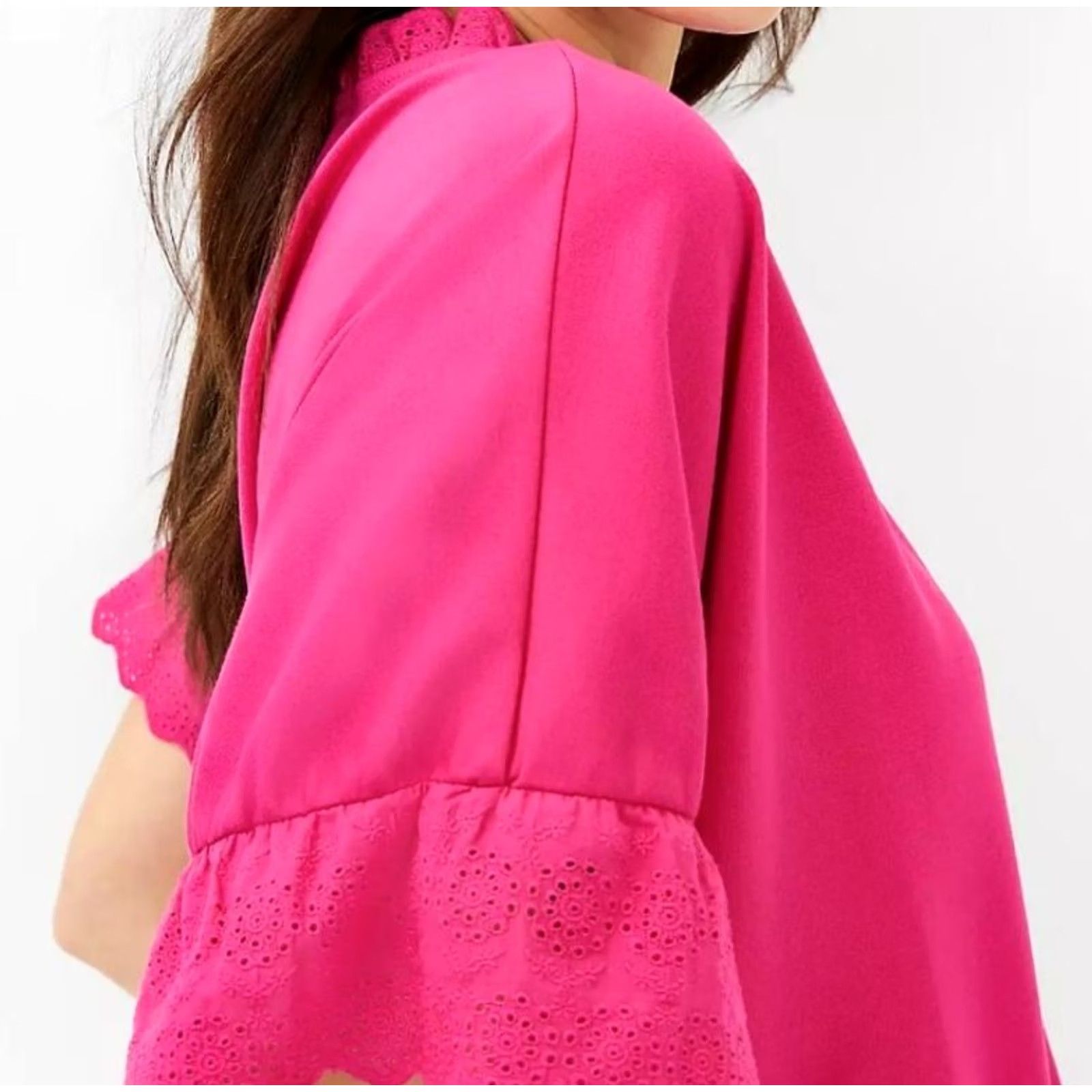 Ann Taylor Ann Taylor Blouse Pink Petite Size LP Mixed Media Eyelet Ruffle Trim Top Size L / US 10 / IT 46 - 2 Thumbnail