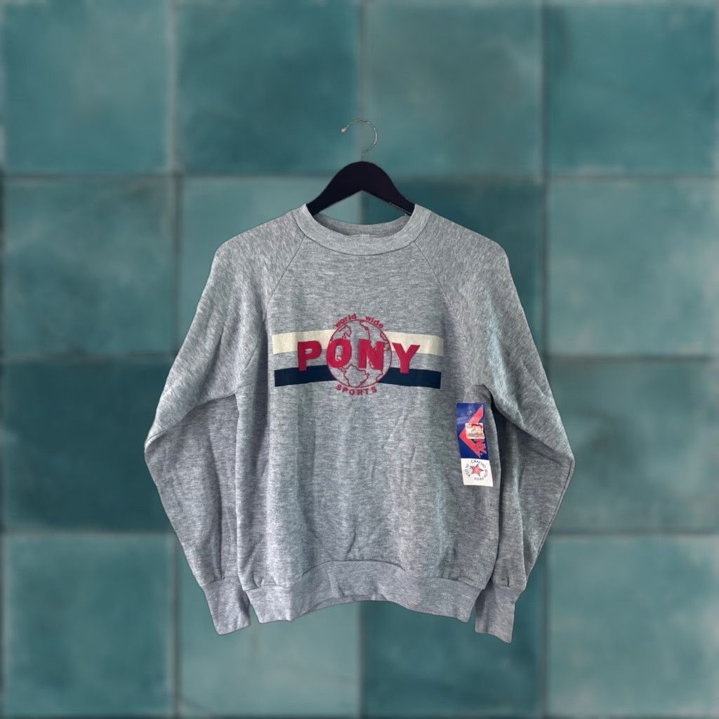 PONY VINTAGE PONY Sweatshirt Mens Crew Neck Gray 80s Deadstock NWT Made in USA Pullover Cotton Blend 50/50 23” Long 20” Across 21.5” Shoulder to Hem Mens Size US M / EU 48-50 / 2 - 1 Thumbnail