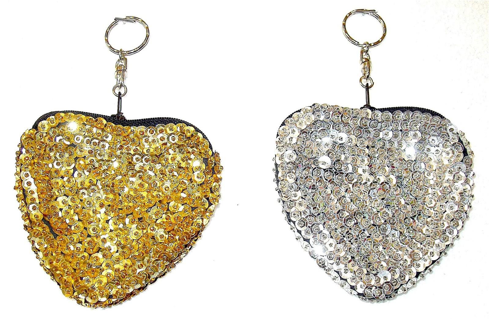 Designer Sequin Beaded Coin Purse Keychain Gold or Silver Heart Size ONE SIZE - 1 Preview