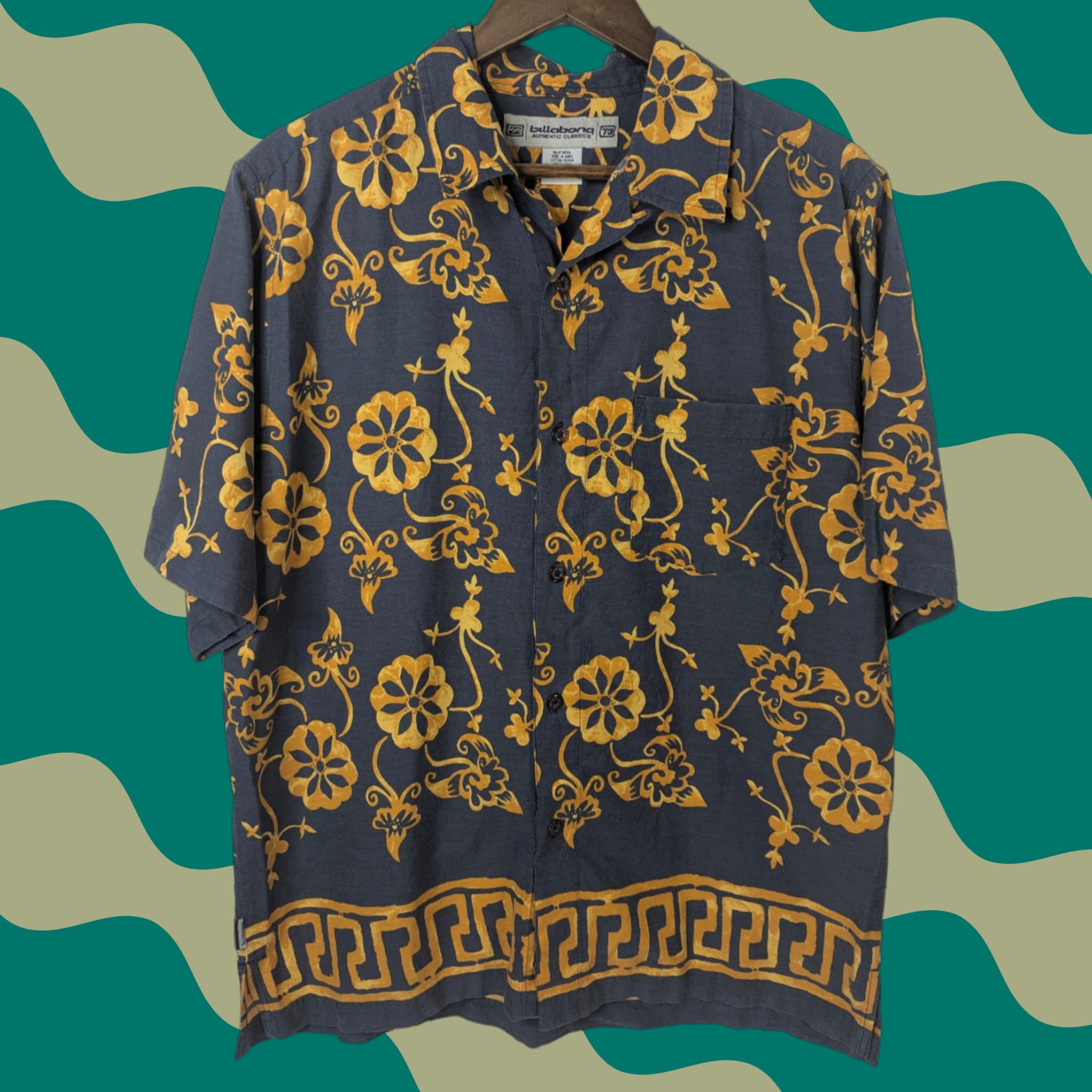 Billabong Billabong Button-Up Shirt Men L Short Sleeve Collar Graphic Print Blue Gold Surf Beach Classic Logo Pockets Size US L / EU 52-54 / 3 - 1 Thumbnail