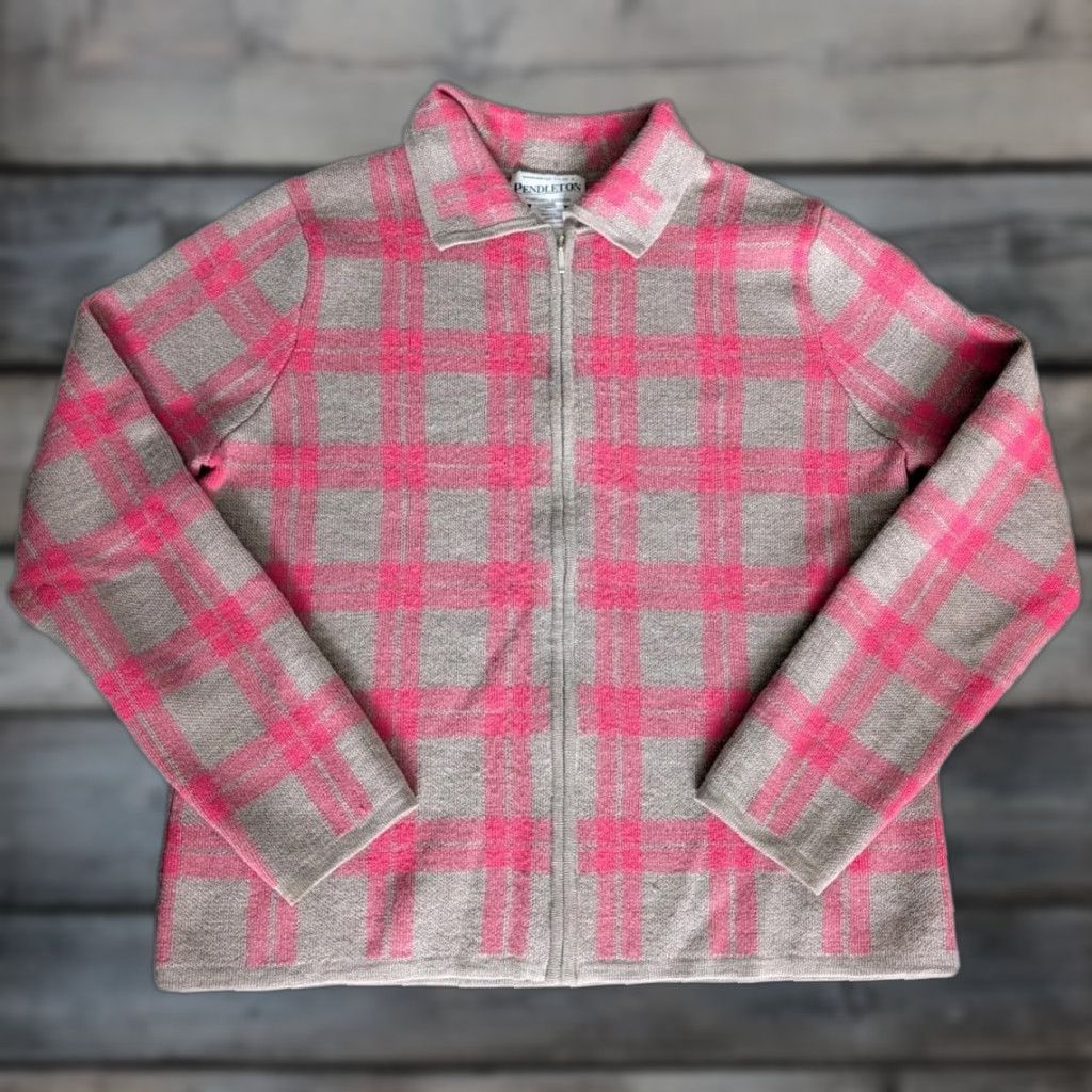 Pendleton VINTAGE Pendleton Merino Wool Full Zip Sweater M Gray Pink Plaid Classic Womens Size M / US 6-8 / IT 42-44 - 1 Thumbnail