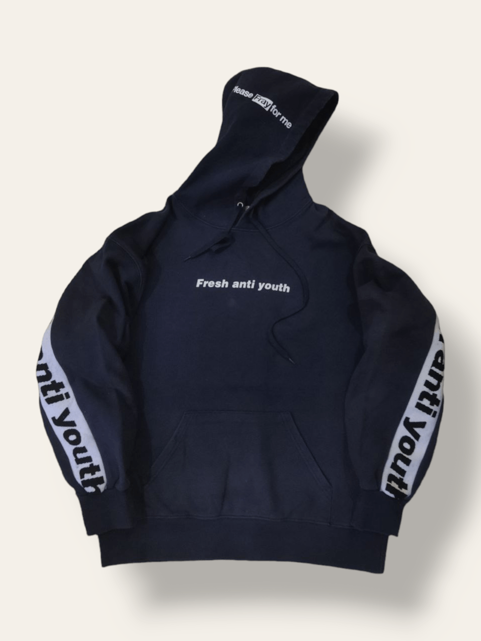 image of Fresh Anti Youth 'please Pray For Me' Sidetape Hoodie in Dark Blue, Men's (Size Small)