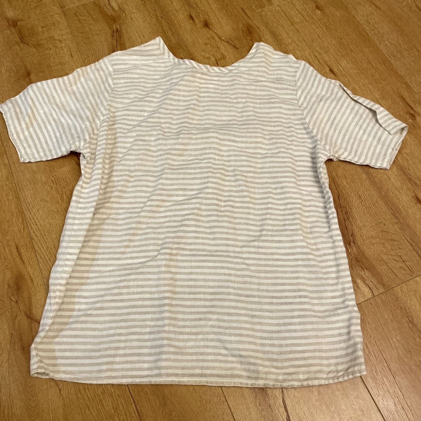 FLAX FLAX by Angelheart Linen Stripe Tan Cream Top Short Sleeve Lagenlook S Boho Shirt Blouse White Beige Linen 100% Women's Slim Regular Vintage: No Size S / US 4 / IT 40 - 6 Thumbnail