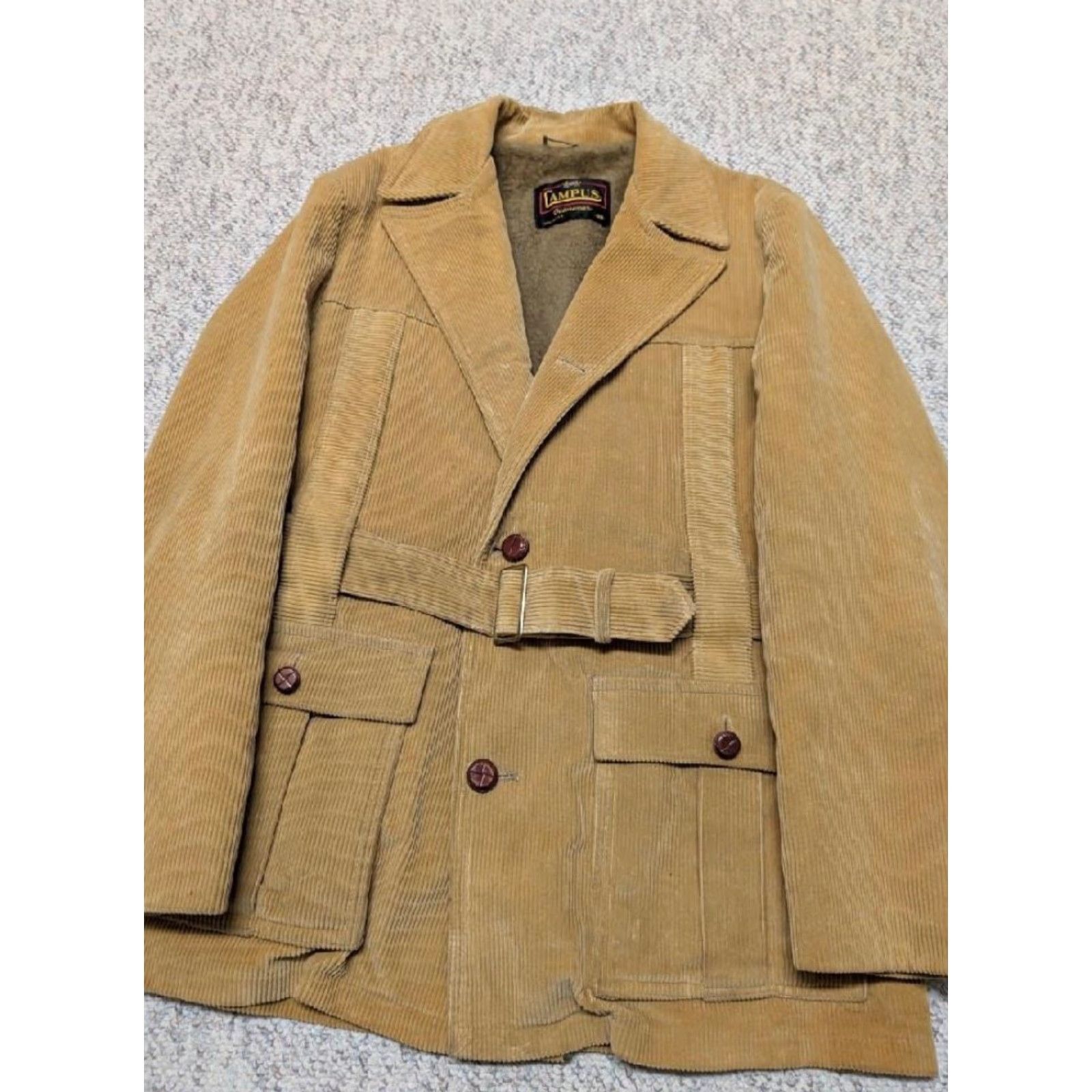 Vintage VINTAGE Campus Corduroy Coat - USA Made Belted Jacket Blazer - Mens M Brown 40 Chest 22" Pit - Golden Brown Overcoat Style Size 40R - 6 Thumbnail
