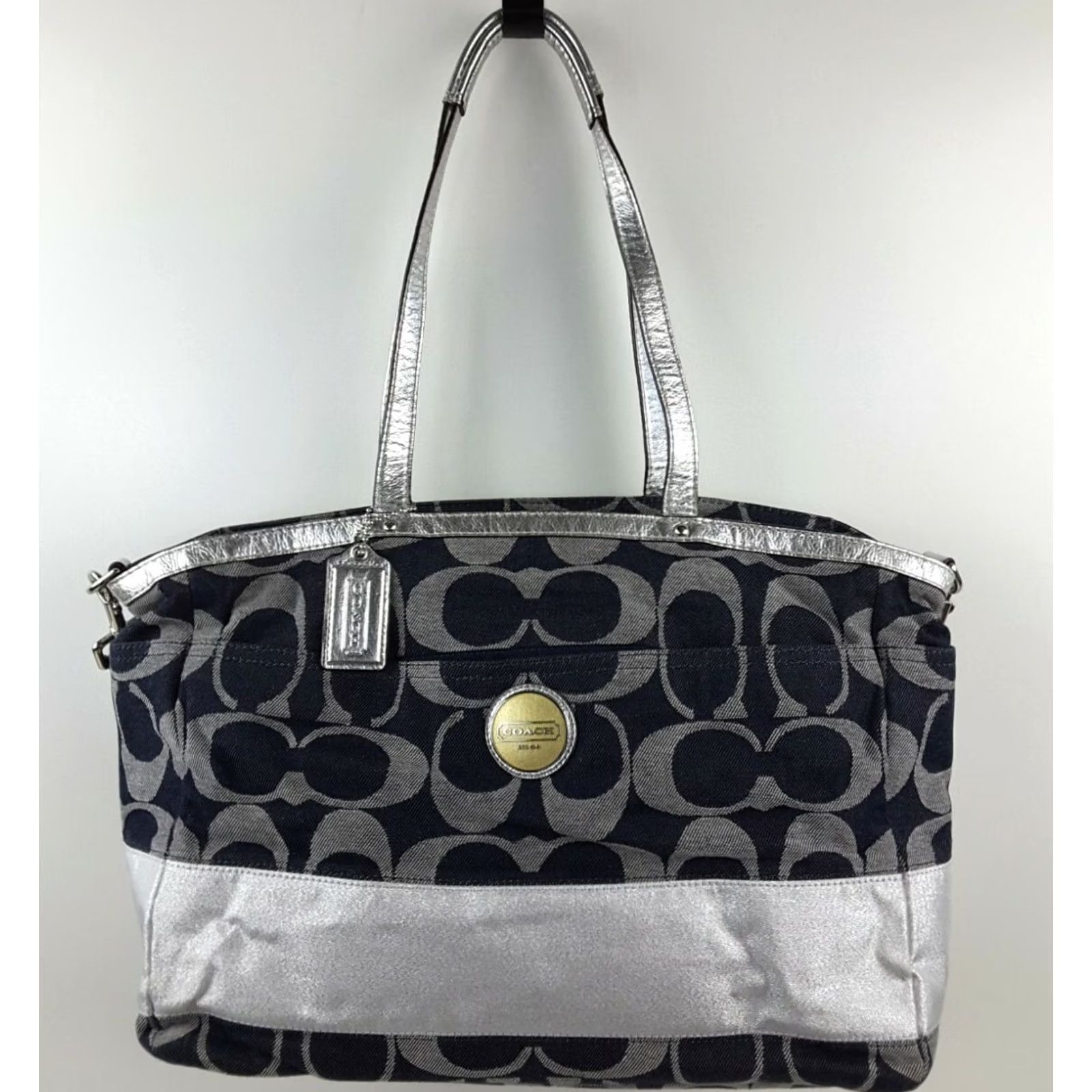 Coach Coach Signature Stripe Denim Tote - XL - Women - 18” Top 15” Bottom - Zip - Pockets - Lined - Jacquard - Silver Hardware - Denim Blue/Silver - Casual Size ONE SIZE - 2 Thumbnail