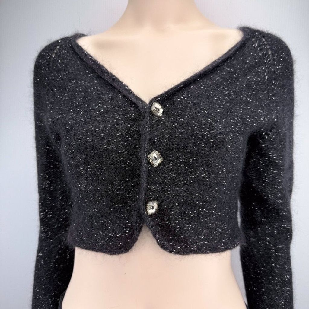 The Unbranded Brand SOFT Mohair Alpaca Shiny Cropped Knit Charcoal Cardigan XS Size XXS / US 00 / IT 34 - 2 Thumbnail