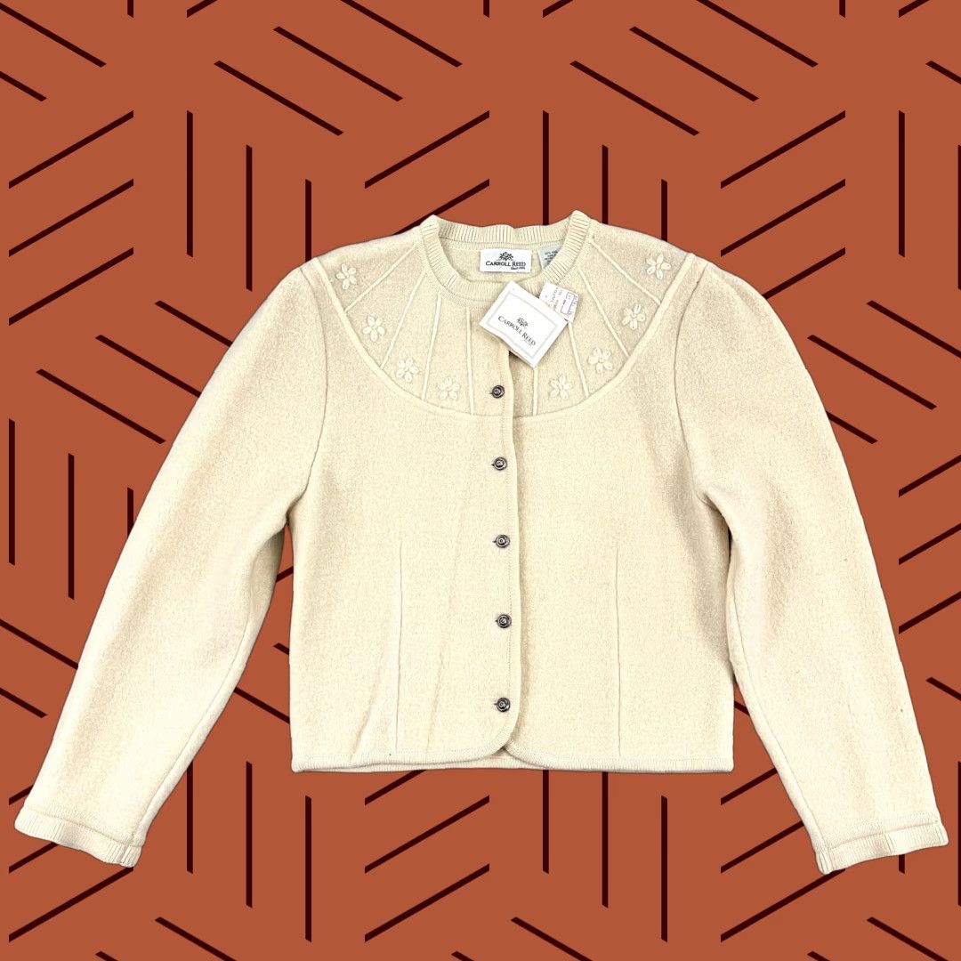 Vintage Carroll Reed Women's Cardigan Sweater Size 14 Brown 100% Wool Floral Stitch Lightweight Casual Size XL / US 12-14 / IT 48-50 - 1 Thumbnail