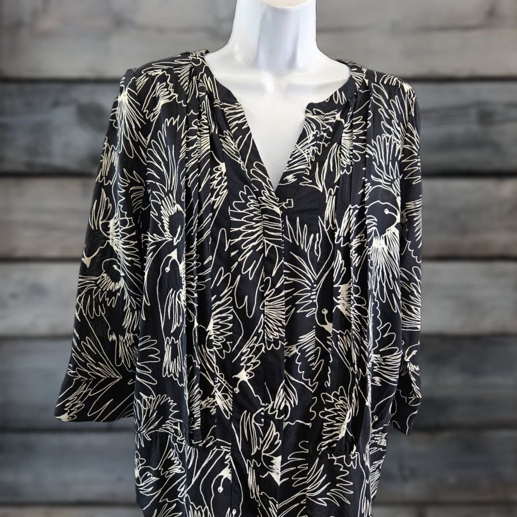 Vintage Maeve Womens Button Down Top Sz 8 Black Bird Print 3/4 Sleeve Rayon Shirt Women Size M / US 6-8 / IT 42-44 - 1 Thumbnail