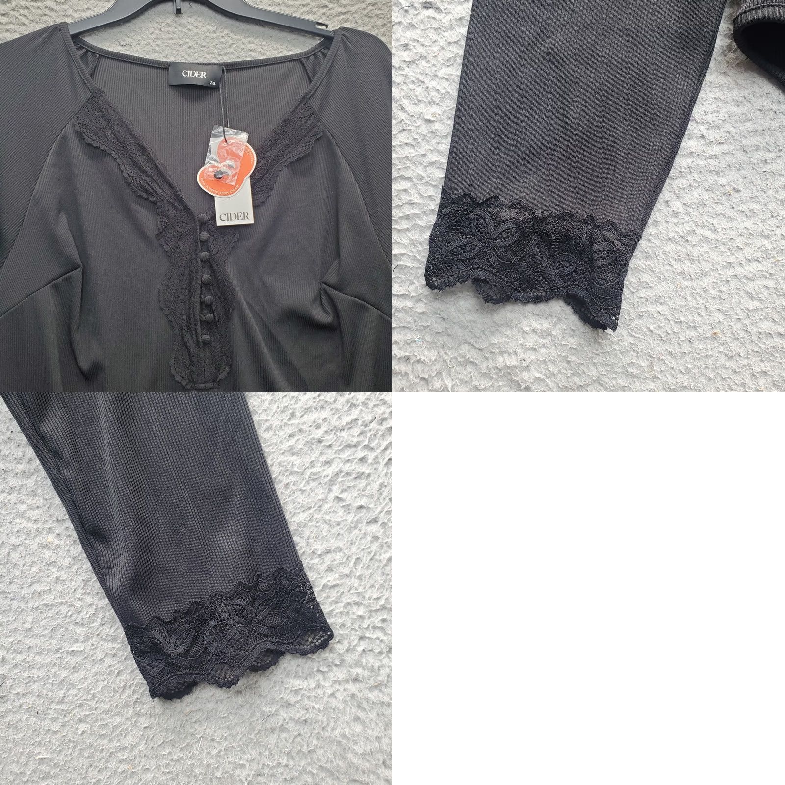 Cider Cider Bodysuit Women 2XL Black Lace Trim Stretch Long Sleeve V-Neck Button Front Womens One Piece Size XXL / US 16-18 / IT 52-54 - 8 Thumbnail