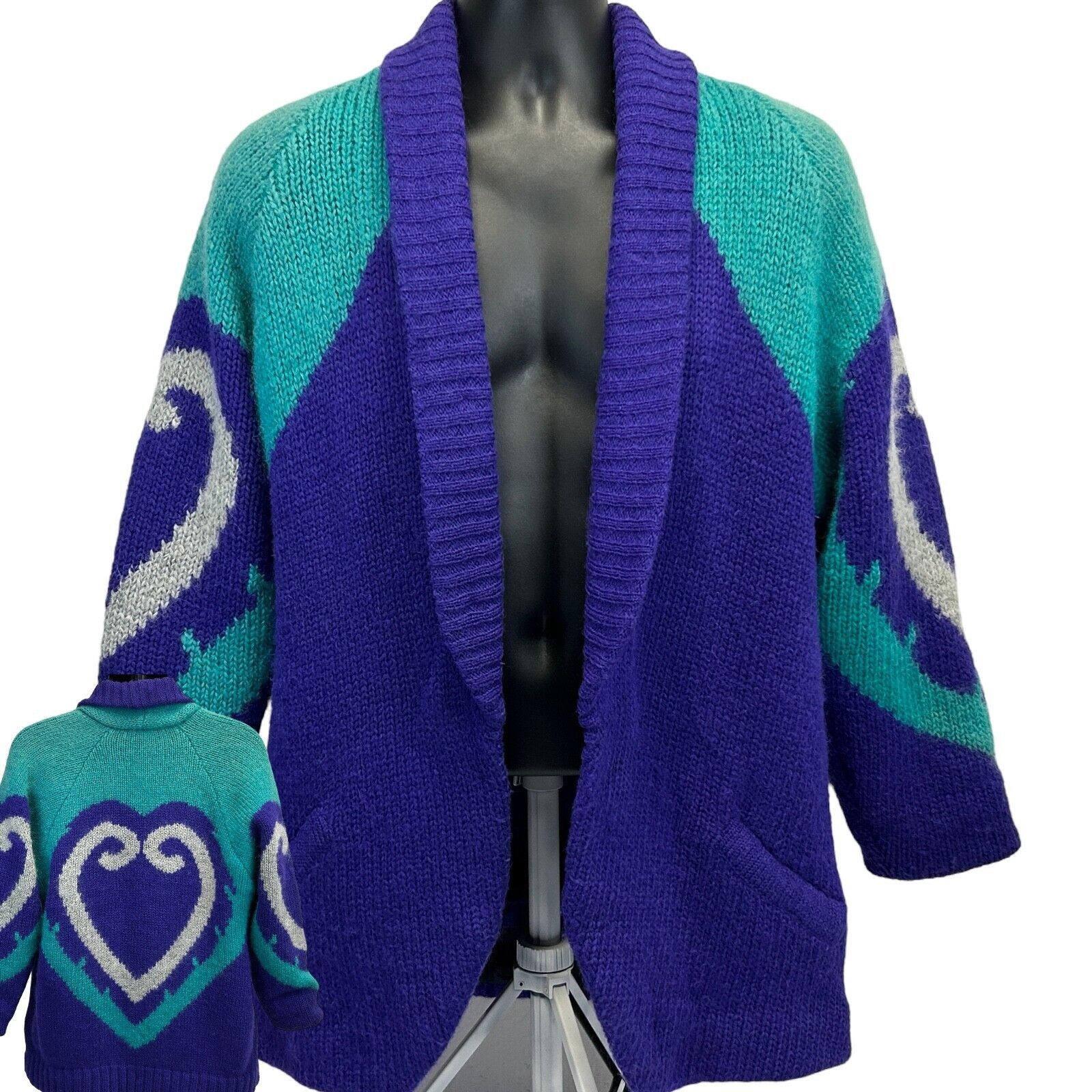 Vintage Vintage Open Front Cardigan Sweater Jacket Heart Purple M Size US M / EU 48-50 / 2 - 1 Thumbnail