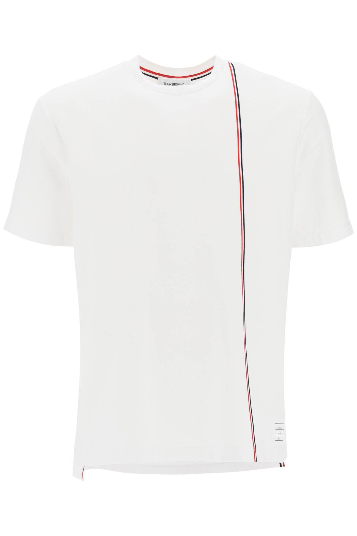 image of Thom Browne Crewneck T-Shirt With Tricolor Intarsia in Bianco, Men's (Size Small)