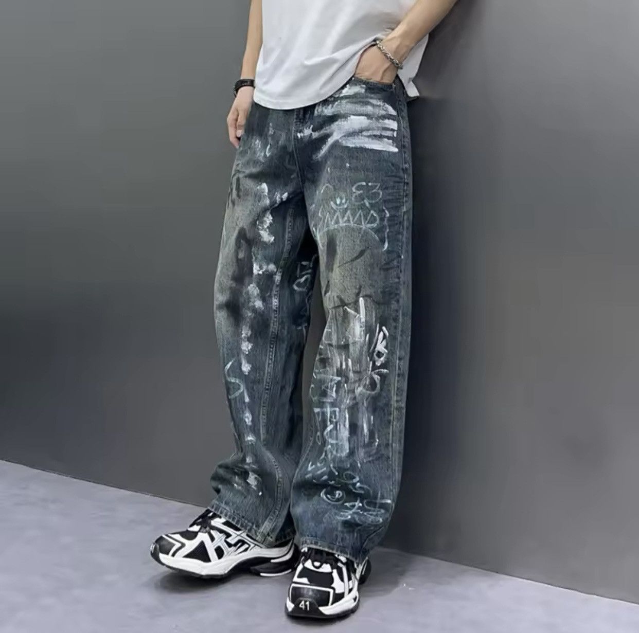 Japanese Brand × Vintage Y2K Baggy Jeans Vintage Blue Loosen Fit Hand-painted Denim Size US 37 - 3 Thumbnail
