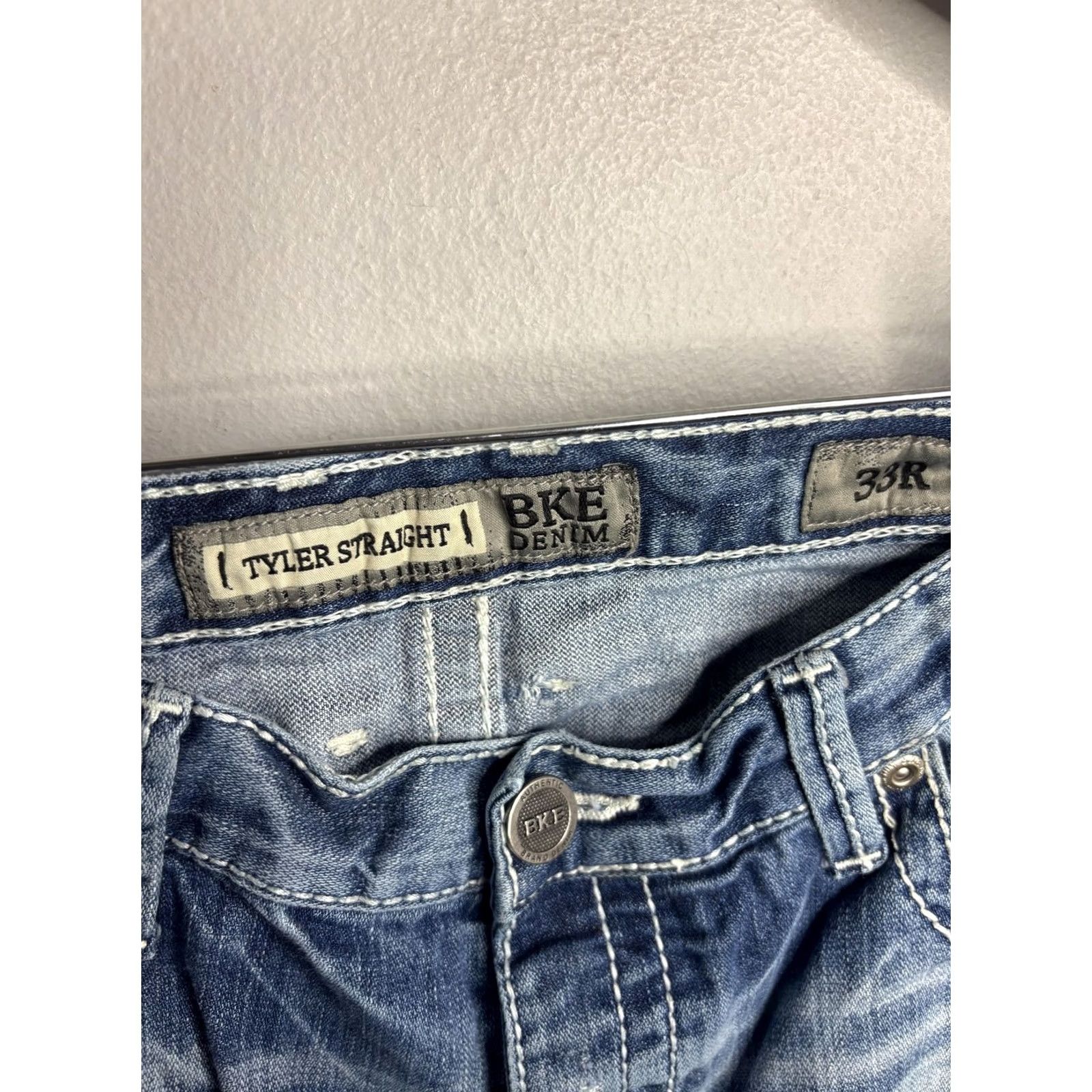 BKE BKE Tyler Straight Jeans Mens 33x34 Blue Distressed Ripped Denim Button Fly Size US 33 - 4 Thumbnail
