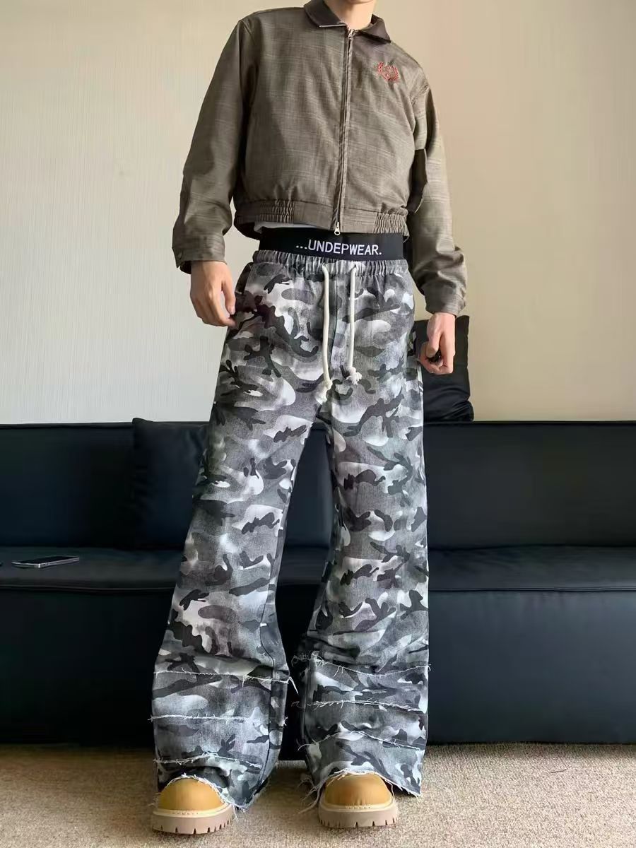 Camouflage Dirty Dye Destroyed Leg Casual Pants