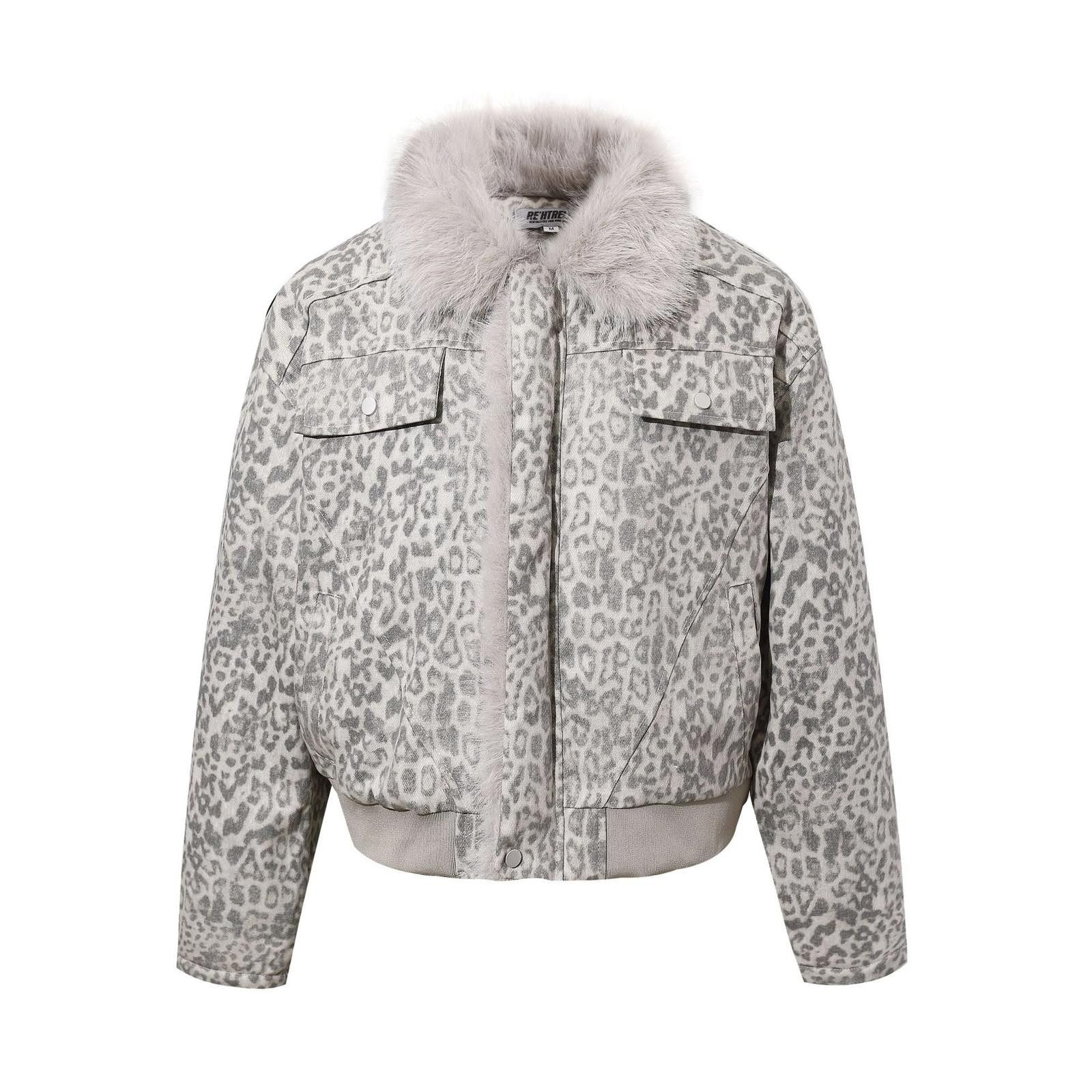 Other Gray Leopard Print Faux Fur Collar Bomber Jacket Size US M / EU 48-50 / 2 - 1 Thumbnail