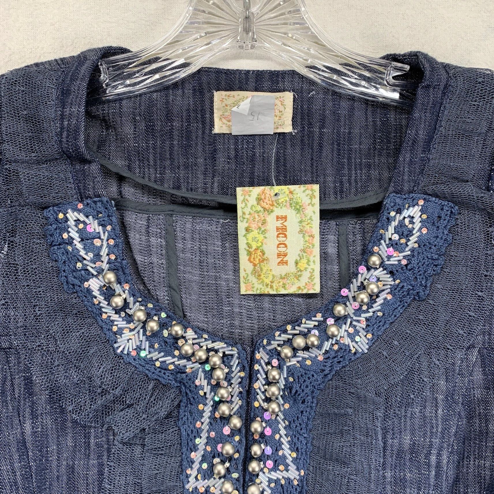 Denime Women's Denim Top Small Crop Super Detailed Beaded Neckline Dark Indigo Stretch Size S / US 4 / IT 40 - 5 Thumbnail