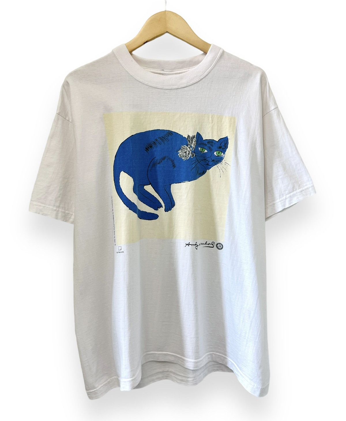 Image of Vintage 1996 Andy Warhol Blue Cat Art Shirt - Large in White, Men's (Size XL)