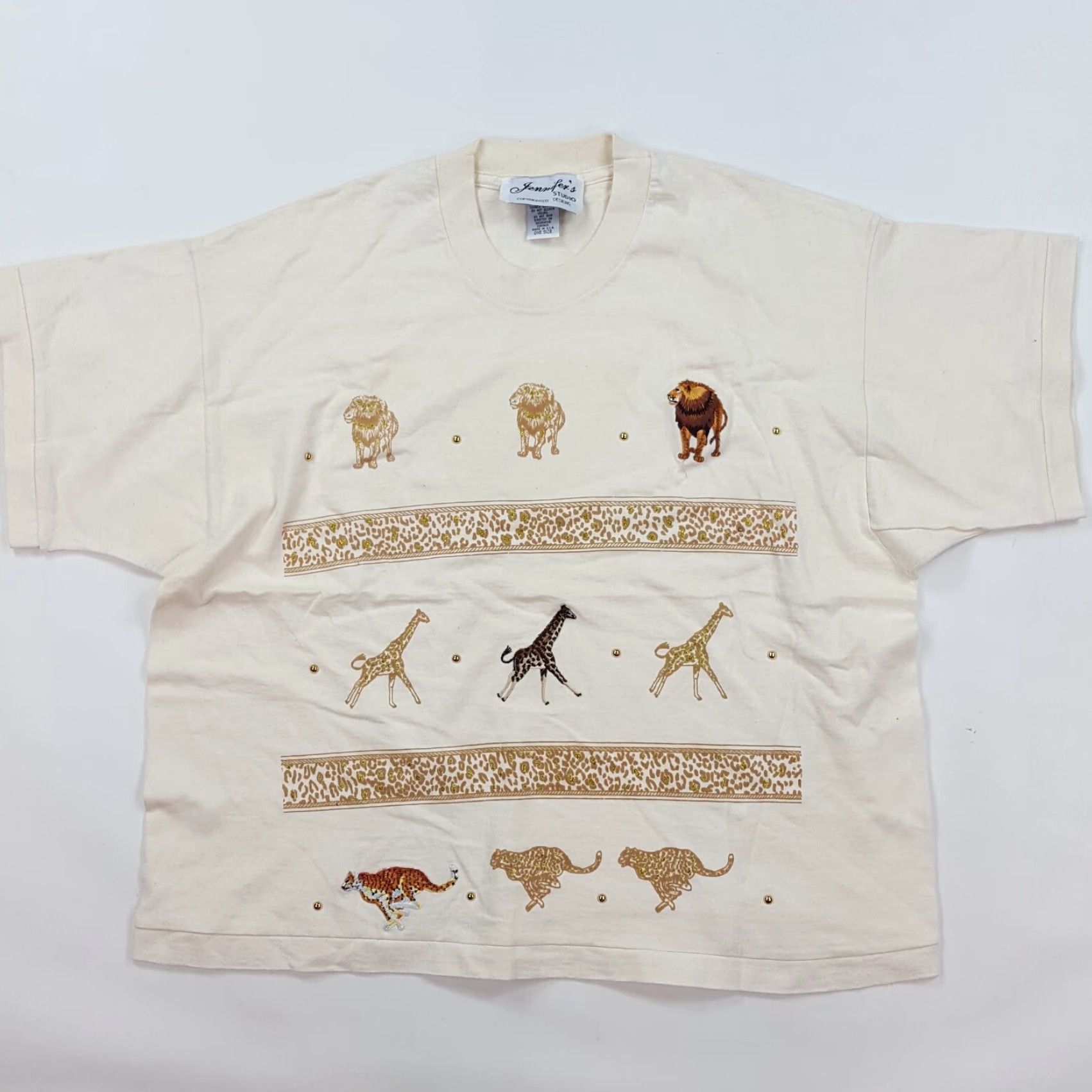 Vintage VINTAGE Jennifer's Studio T-Shirt Women Ivory Cream Lion Giraffe Africa 90s 80s Art Animals Fashion Nature Retro Short Sleeve Crew Neck Pink Periods? Size L / US 10 / IT 46 - 2 Thumbnail