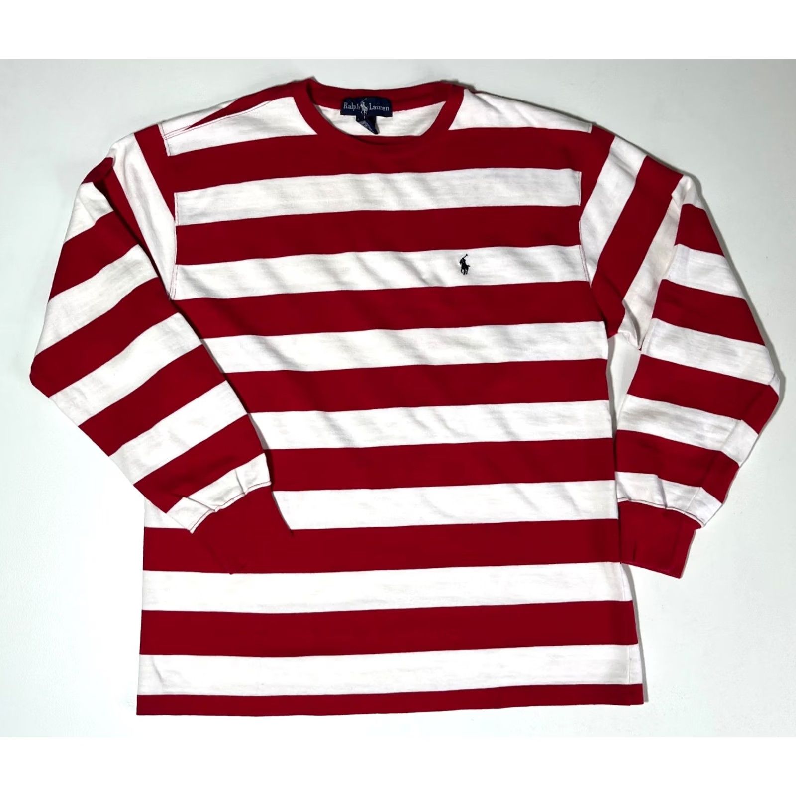 Ralph Lauren VINTAGE Ralph Lauren Mens Pullover Long Sleeve Striped Crew Neck Cotton Made in USA Sz L Red White 90s Retro Classic USA Sweatshirt (Adult) Size US L / EU 52-54 / 3 - 3 Thumbnail