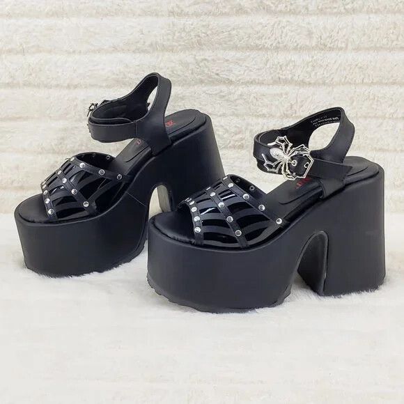 Other Camel 17 Stacked Black Spider Web Platform Sandals Goth Punk Size US 12 / IT 42 - 2 Thumbnail