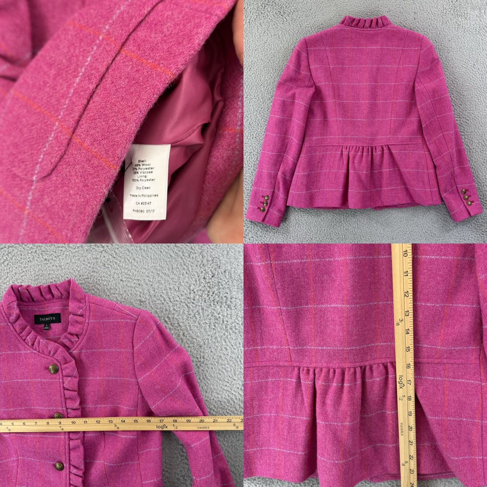 Talbots Talbots Blazer Jacket Women's 4 Pink Wool Blend Check Ruffle Preppy NWT Business Short Sleeve Coat Size S / US 4 / IT 40 - 8 Thumbnail