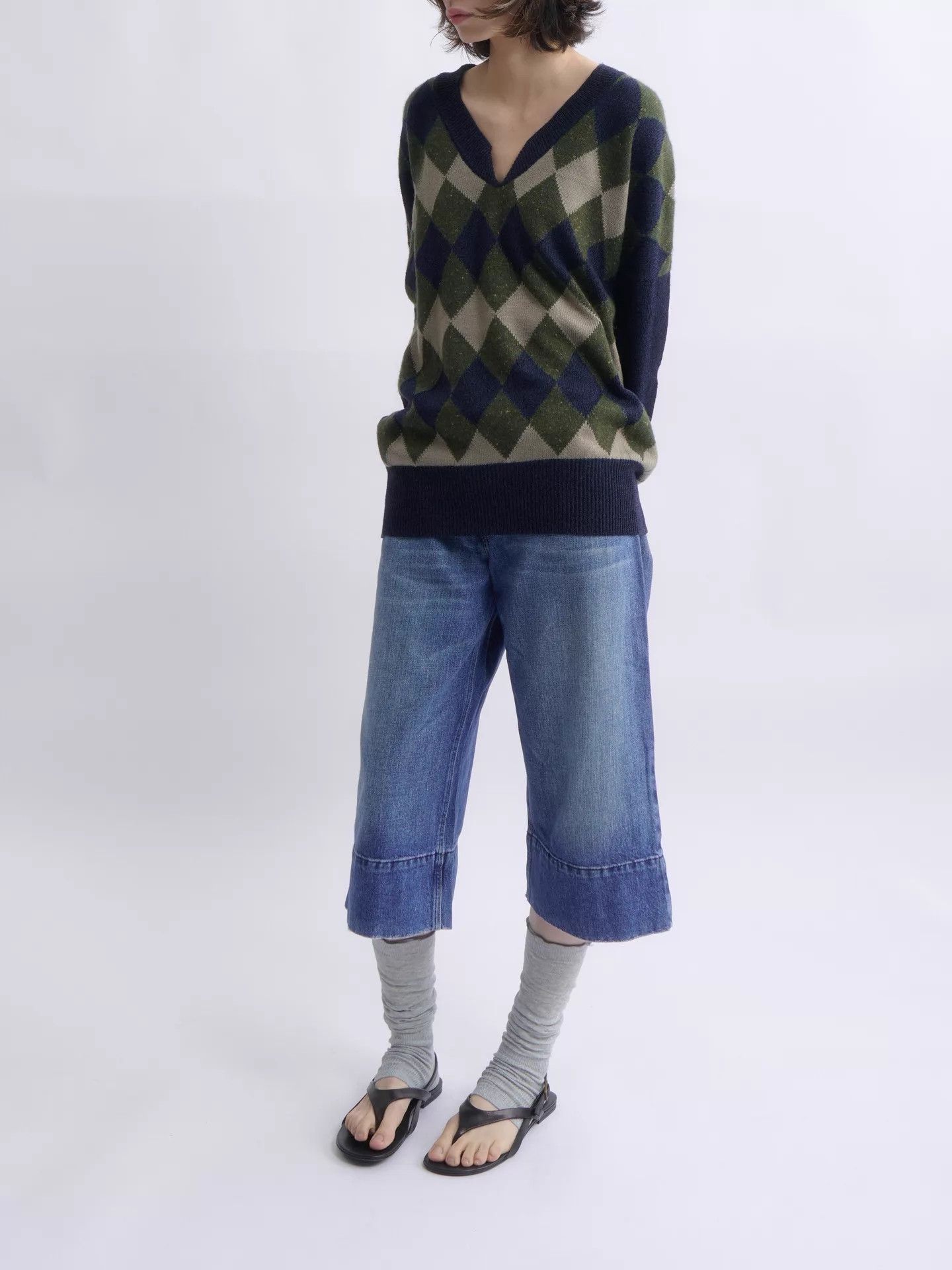 Chloe CHLOE ARGYLE V-NECK KNIT SWEATER MILITARY/NAVY/BEIGE Size XS / US 0-2 / IT 36-38 - 3 Thumbnail