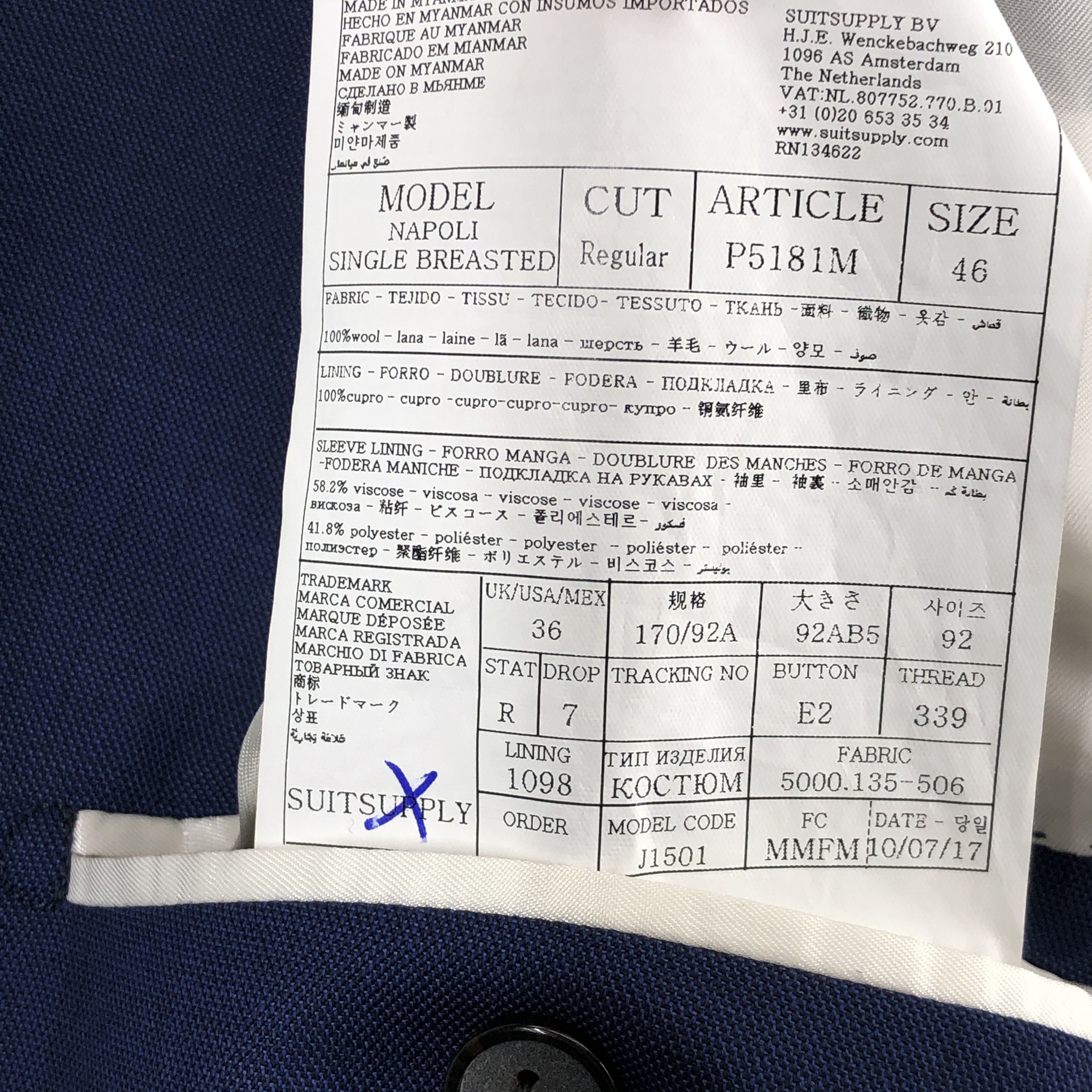Suitsupply Napoli Single Breasted Wool Blazer Size EU:46 UK:36; US:36R Size 36R - 9 Thumbnail