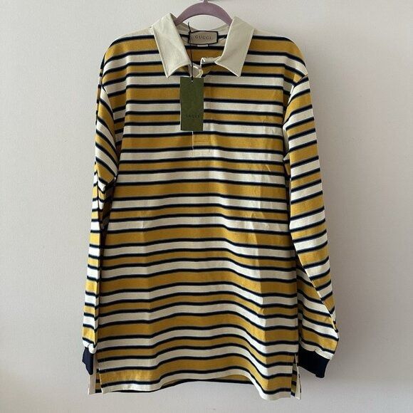 Gucci NWT GUCCI Polo Shirt Stripe Rugby Sz L Cotton Yellow Border Size US L / EU 52-54 / 3 - 4 Thumbnail