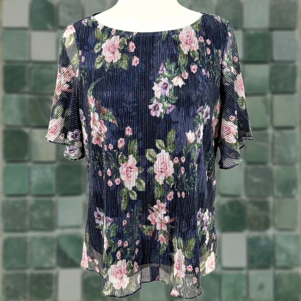 Adrianna Papell Adrianna Papell Blouse S Flutter Sleeve Crew Neck Pleated Floral Shimmer Navy Multicolor Top Size S / US 4 / IT 40 - 1 Thumbnail