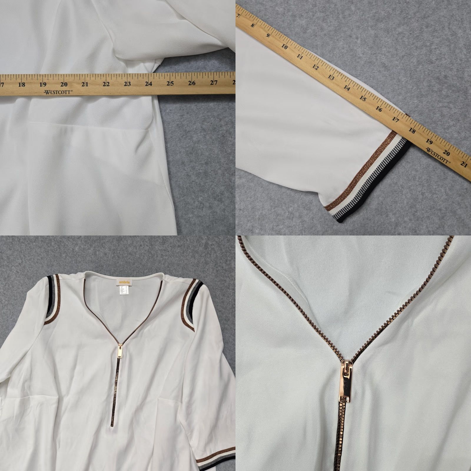 Vintage Ambria Blouse Tunic White Brown Zipper Accent 3/4 Sleeve Womens Plus 22 V-Neck Lightweight Easy Care Wrinkle Resistant Relaxed Size 3XL / US 20-22 - 8 Thumbnail
