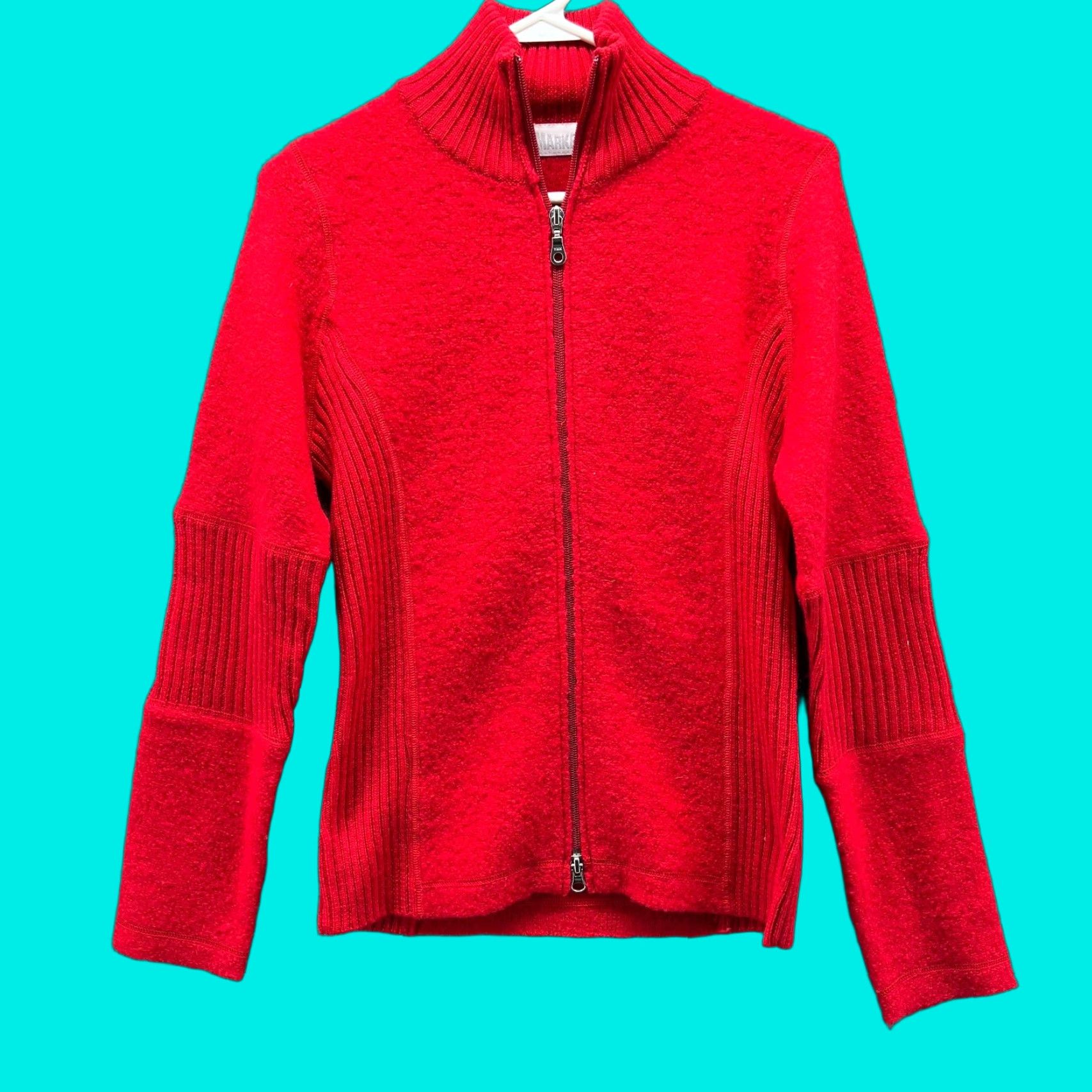 Barker Marker Sweater Full Zip Women Medium Red Wool Knit Jacket Long Sleeve Casual Winter Fall Mens Womens Girls Boys Size M / US 6-8 / IT 42-44 - 1 Thumbnail