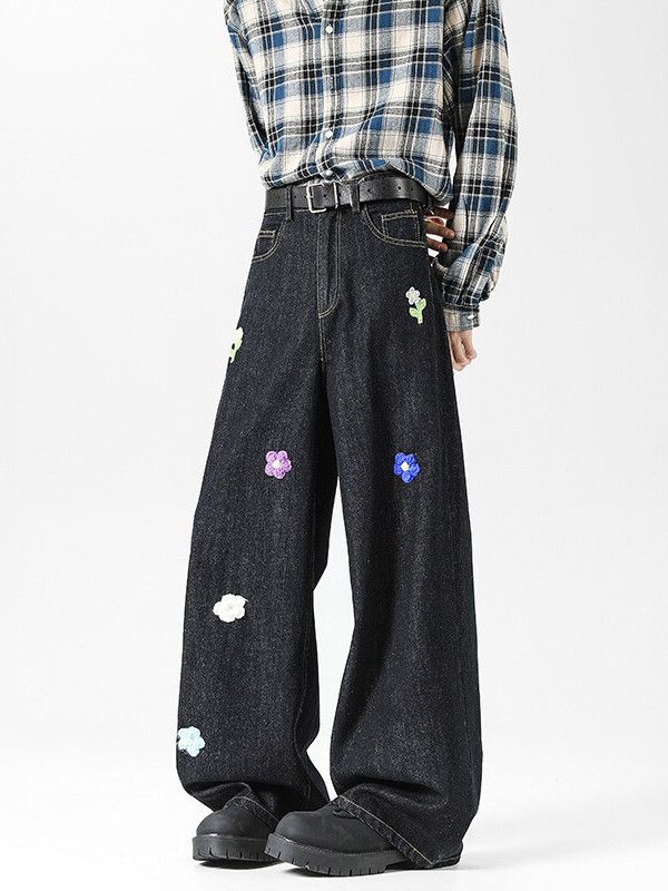 Japanese Brand Men's Retro Loose Straight Wide-Leg Floral Embroidered Jeans Size US 32 / EU 48 - 2 Thumbnail