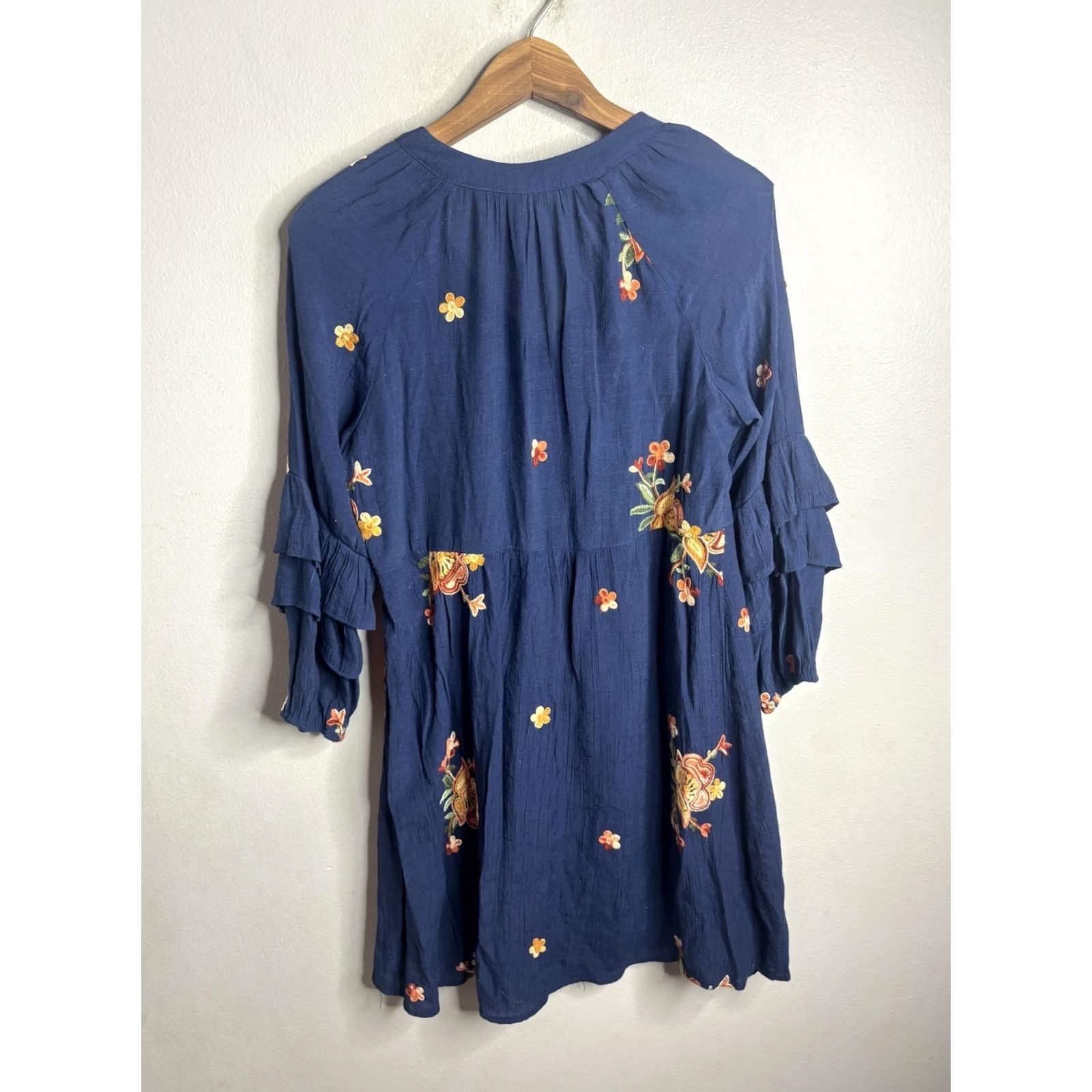 Vintage FIG AND FLOWER Dress Womens PM Blue Embroidered Floral Boho Fit & Flare Mini Size M / US 6-8 / IT 42-44 - 4 Thumbnail