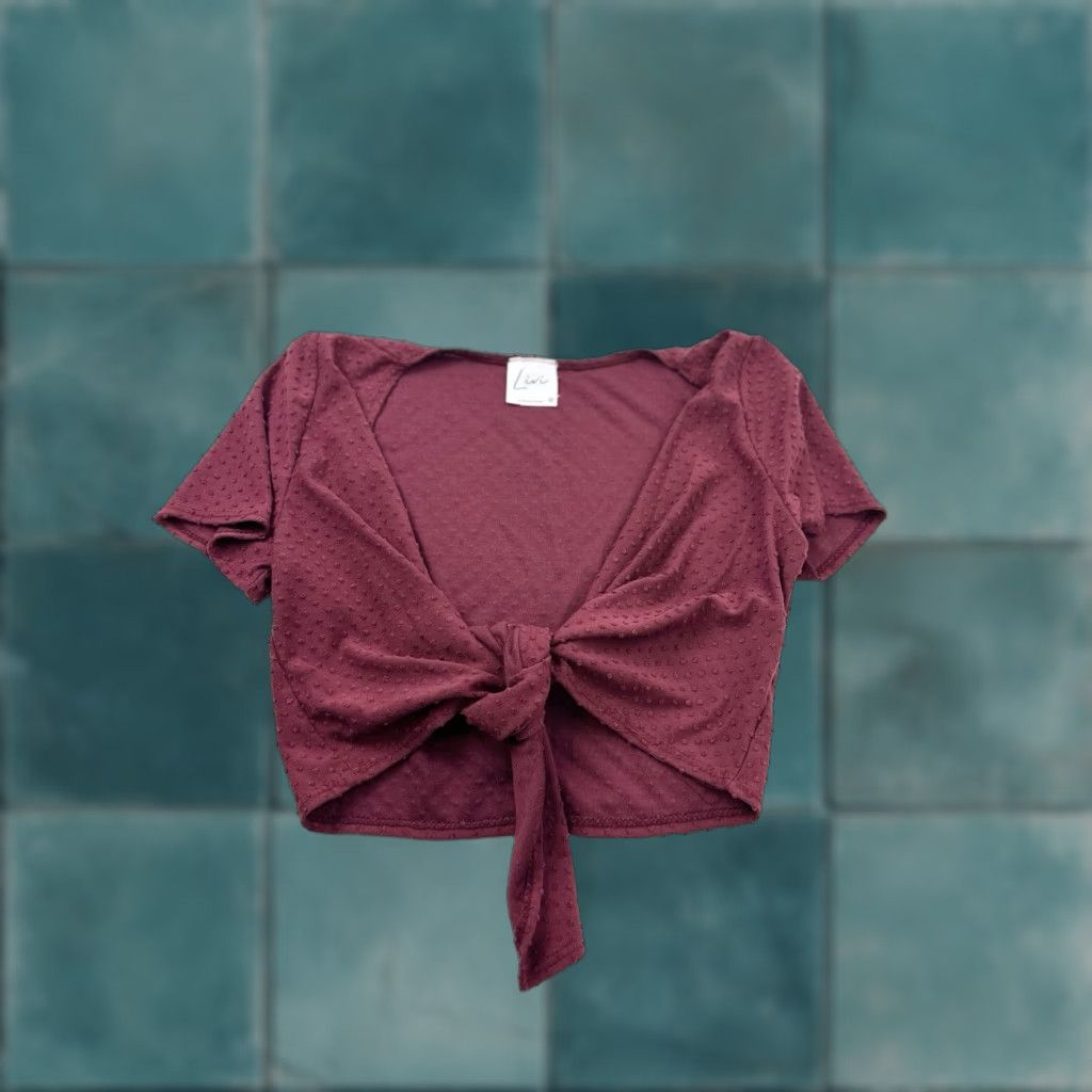 Vintage Livi By Olivia Rae Top Women M Medium Burgundy Tie Front Blouse V-Neck Short Sleeve Cropped Size M / US 6-8 / IT 42-44 - 1 Thumbnail
