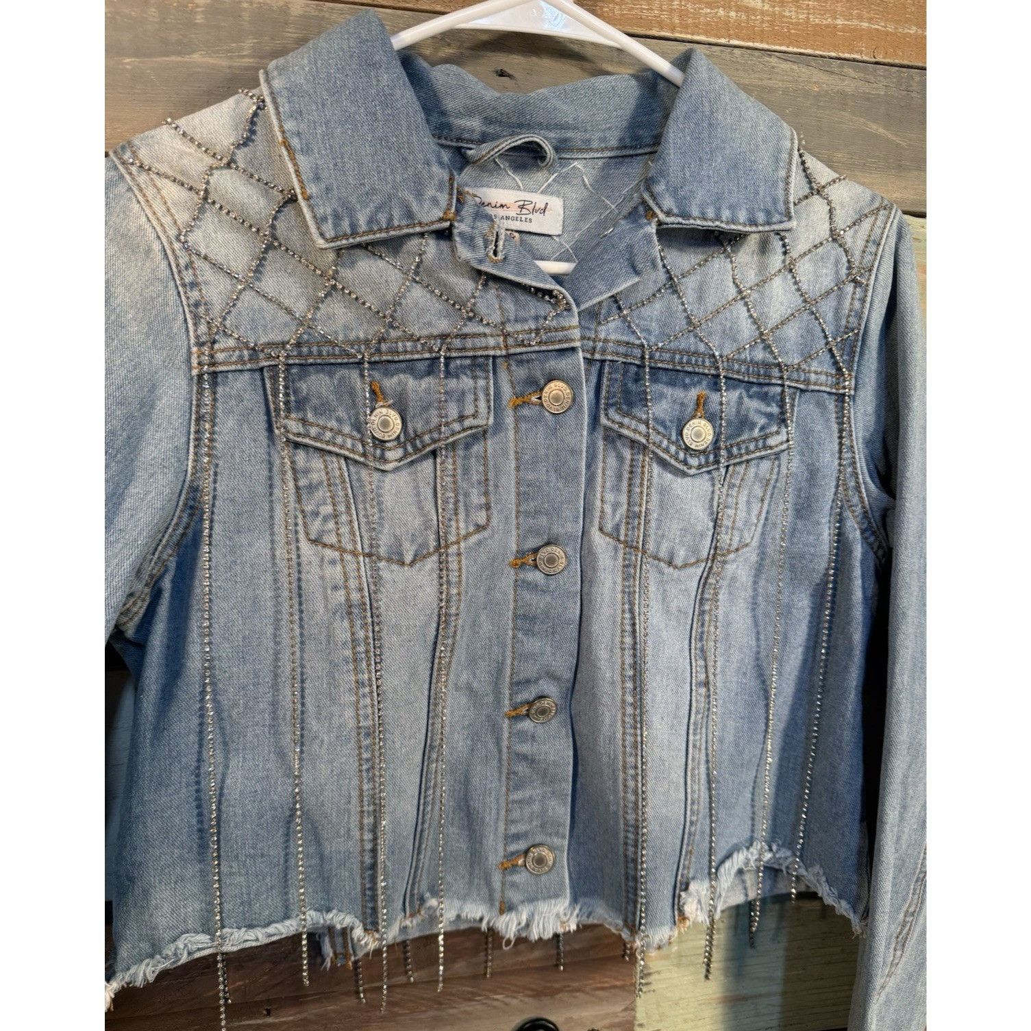 Levi's Denim Blvd Blue Jean Rhinestone Crystal Jacket Women's MEDIU Size M / US 6-8 / IT 42-44 - 2 Thumbnail