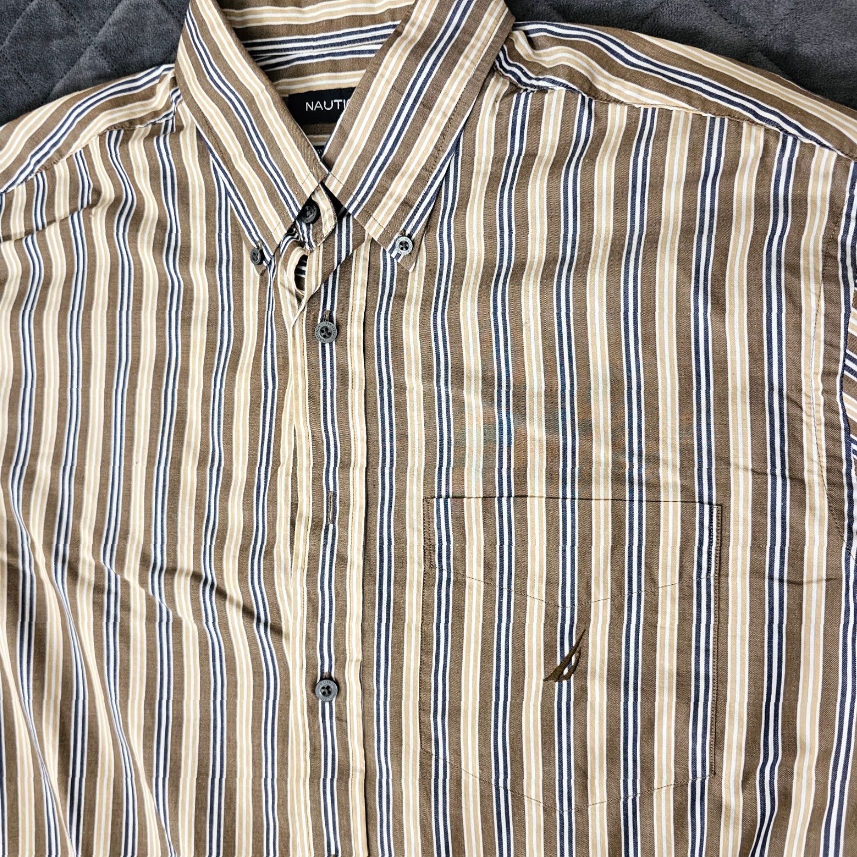 Nautica Nautica Button-Down Shirt Men's Large Brown Tan Stripe Traveler Twill Cotton Size US L / EU 52-54 / 3 - 3 Thumbnail