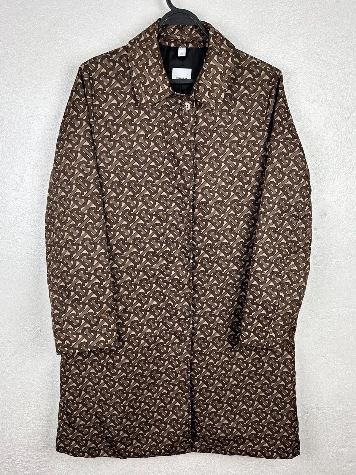 image of Burberry Monogram Logo Stripe Print Nylon Car Coat in Brown, Women's (Size XS)