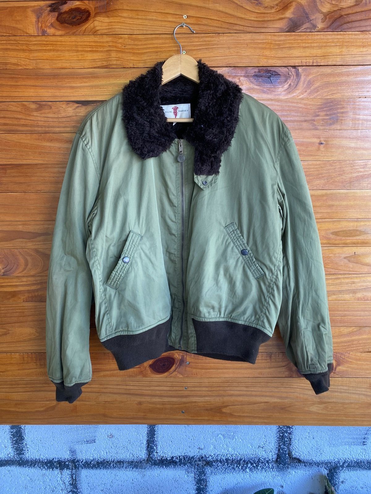 Vintage Colin Harvey Olive Green Bomber Jacket Faux Fur Collar Size US L / EU 52-54 / 3 - 3 Thumbnail