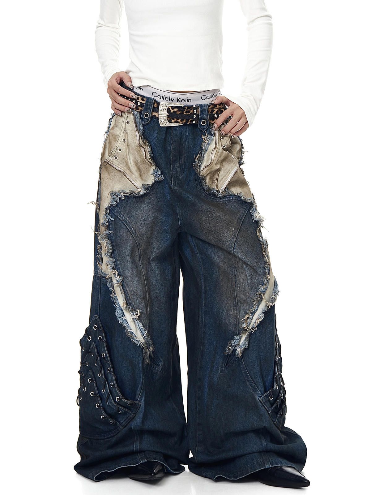 Jean Patchwork Distressed Wide Leg Denim Jeans, Baggy Fit Size US 32 / EU 48 - 5 Thumbnail
