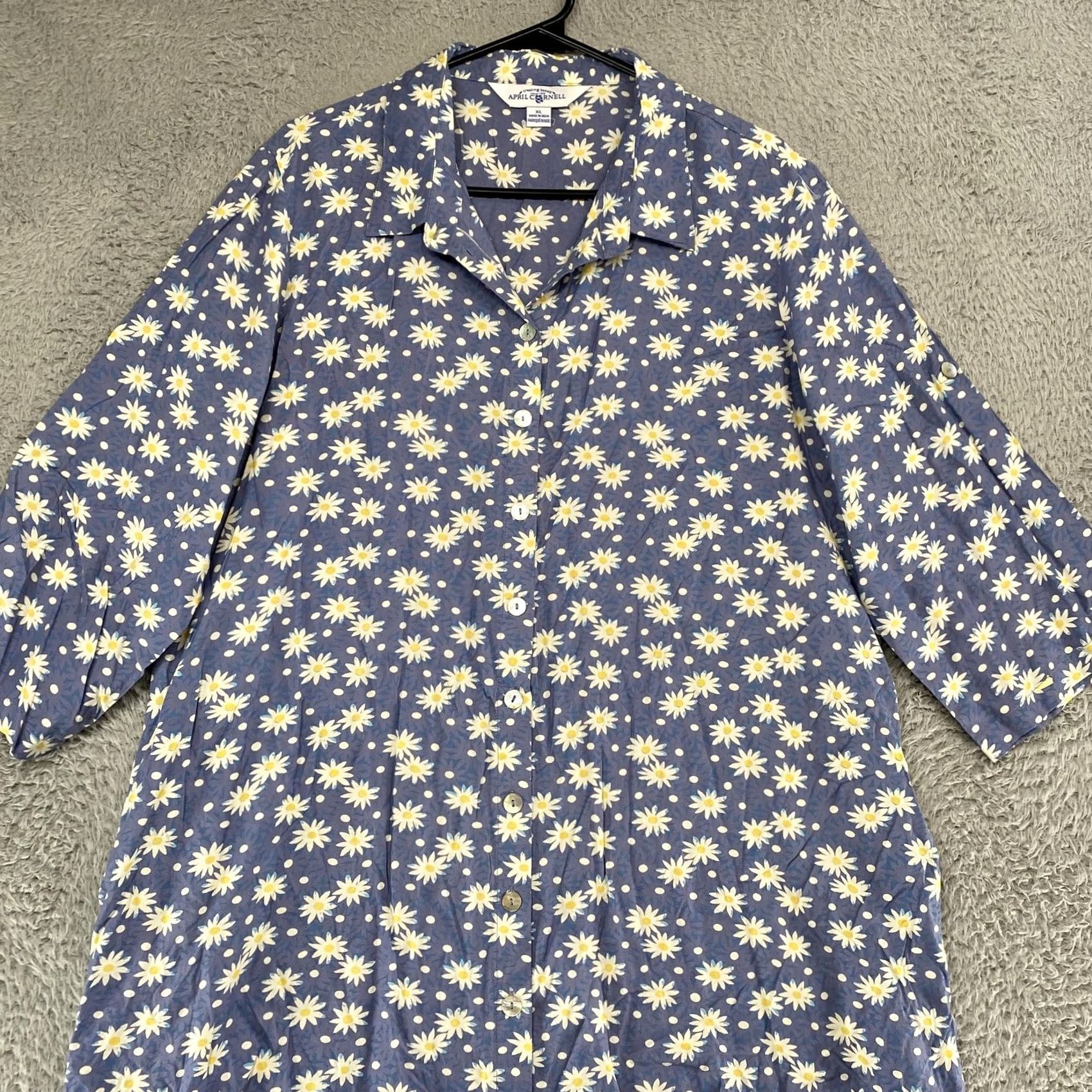 Vintage April Cornell Shirt Dress Womens XL Blue Daisy Floral Button Midi Rayon Casual Size XL / US 12-14 / IT 48-50 - 3 Thumbnail