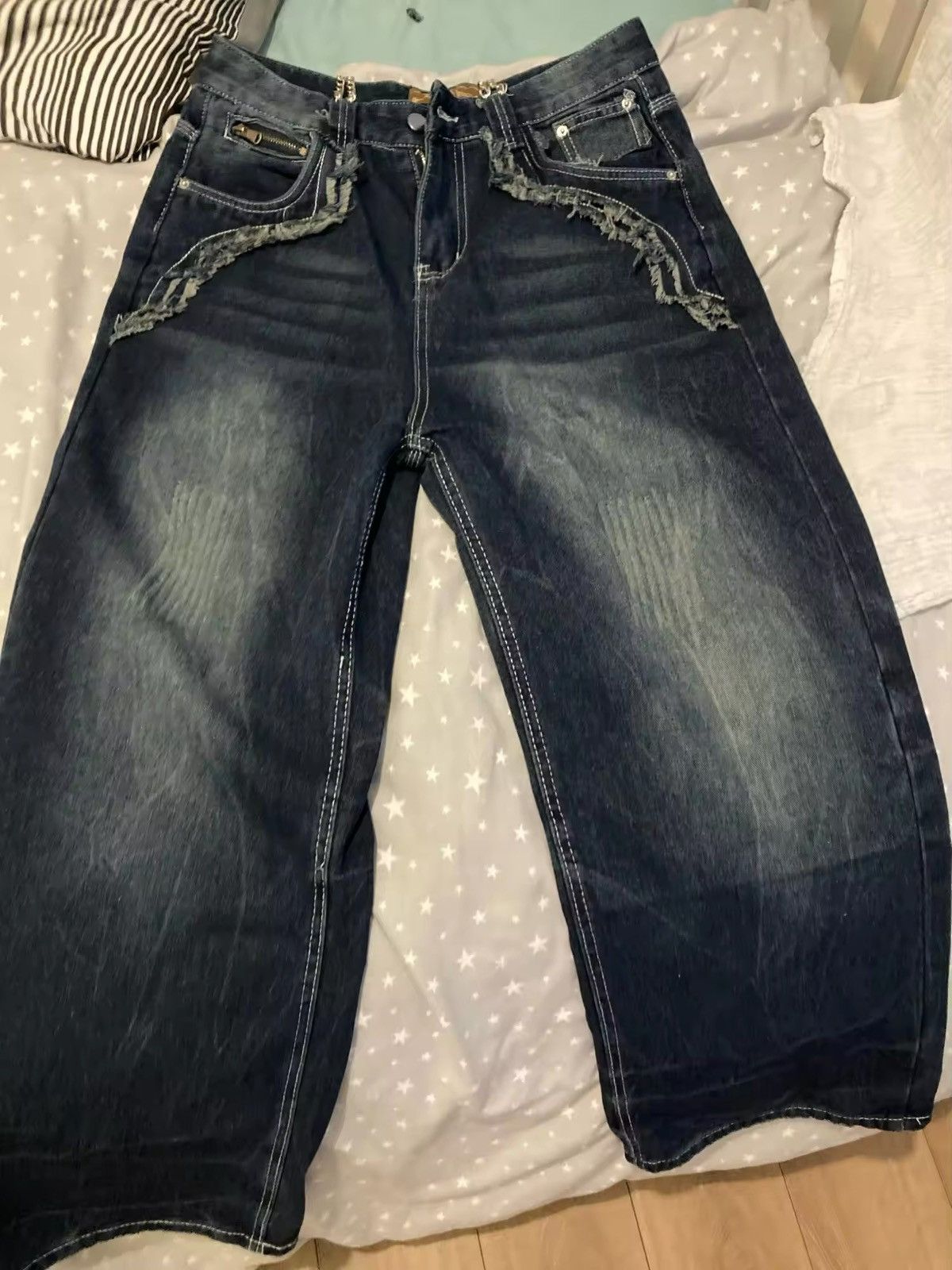 Jean High Washed Patchwork Wide Leg Jeans Size US 31 - 6 Thumbnail