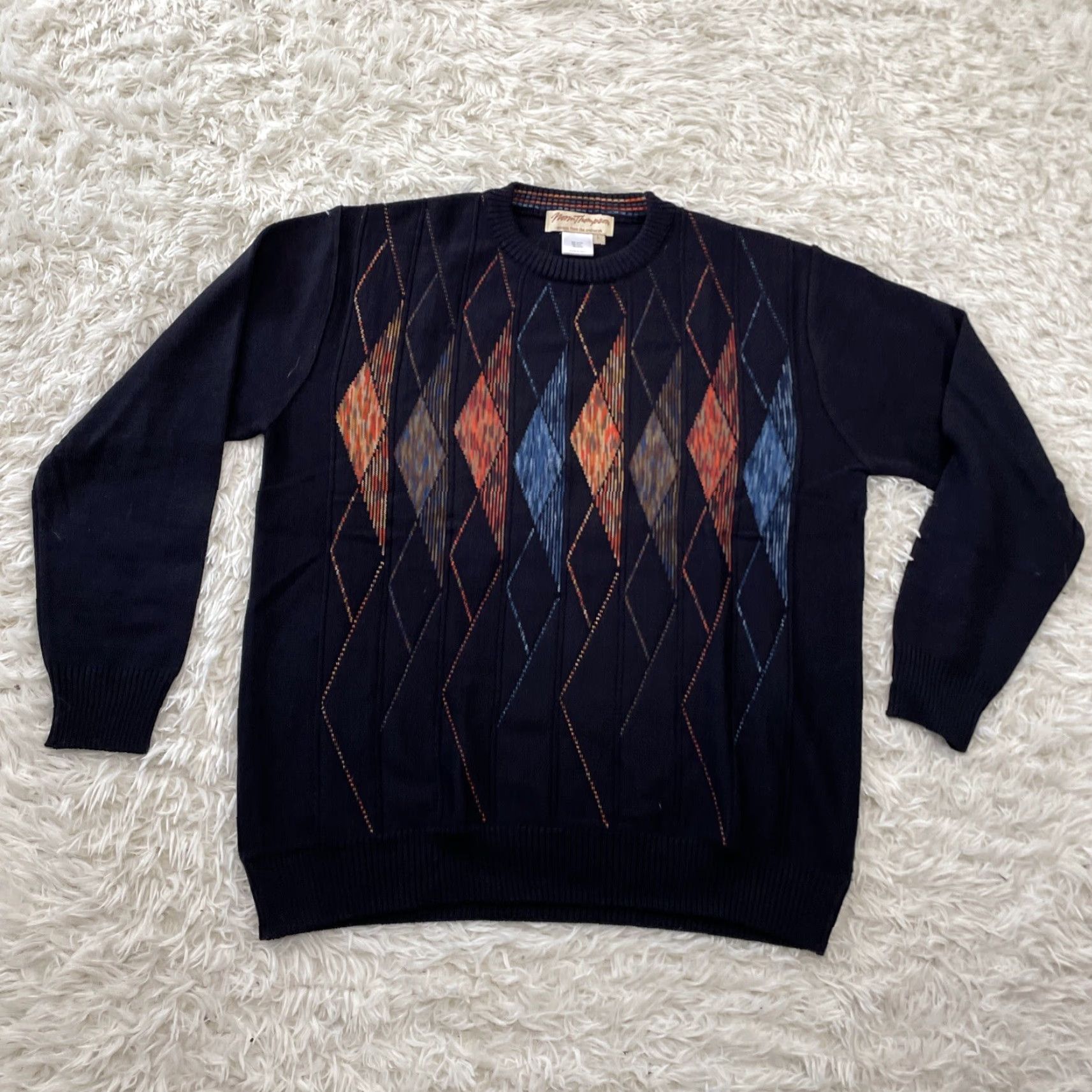 Jim Thompson NORM THOMPSON Wool Italian Sweater Men L Navy Blue Orange Retro Geometric Knit Pullover Crew Neck Long Sleeve Multicolor Size US L / EU 52-54 / 3 - 3 Thumbnail