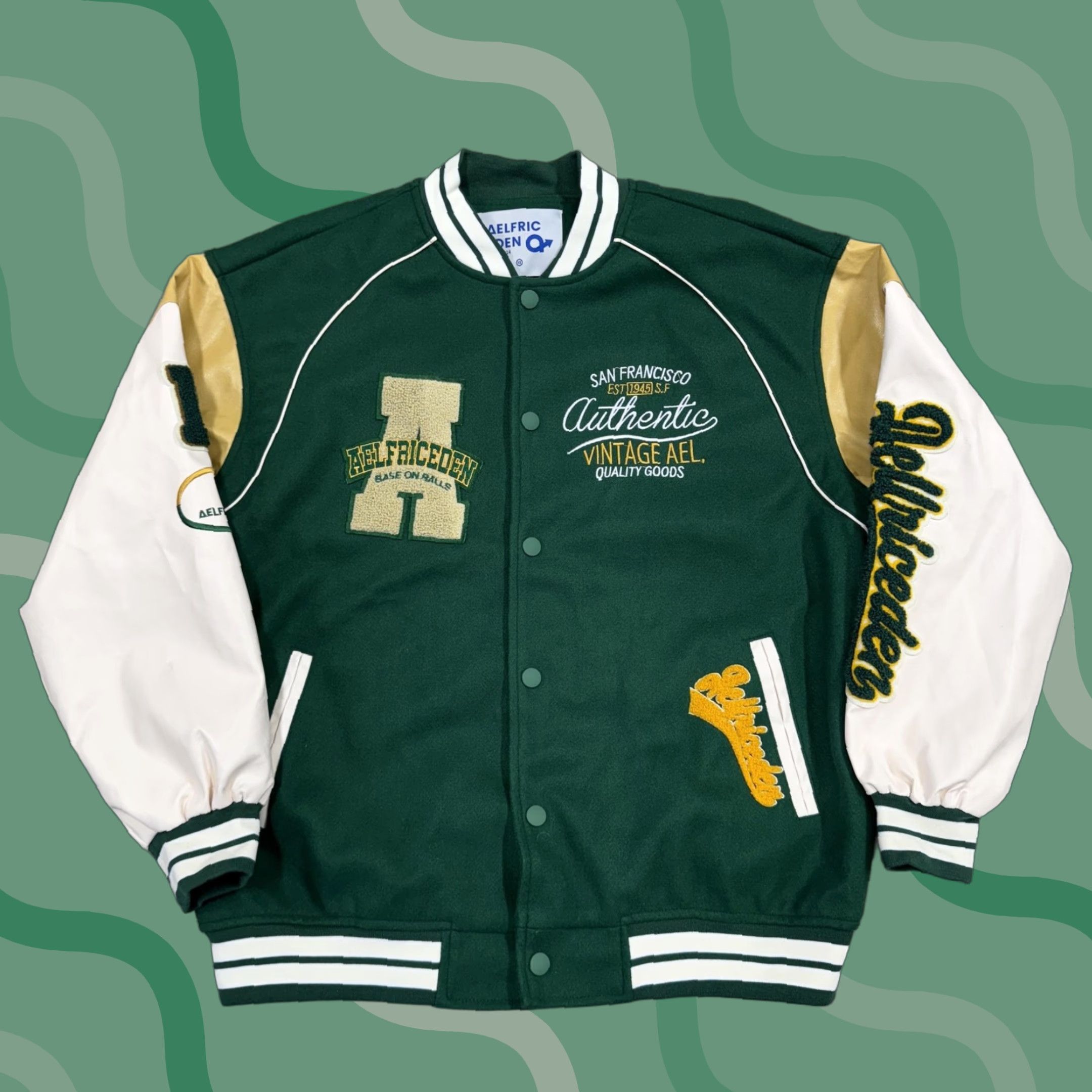 Vintage Aelfric Eden Jacket Mens Large Green White Varsity Snap Front Patch Embroidered Logo Pockets Collared Lined polyester Sports College Casual) Size US L / EU 52-54 / 3 - 1 Thumbnail