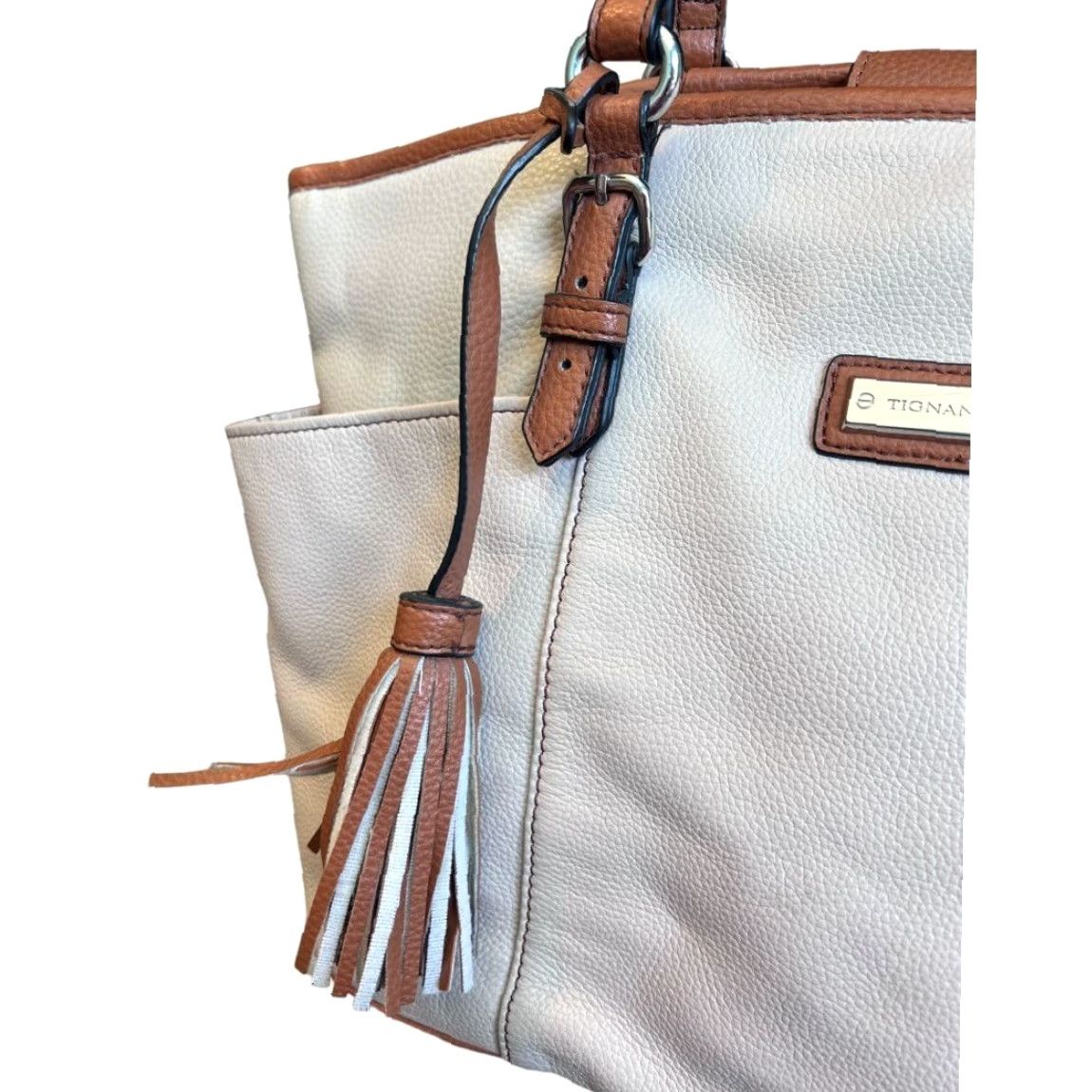 Vintage VINTAGE Tignanello Beige Large Vegan Leather Tote Bag Purse Pebbeled Texture Handbag Women Large Beige Tote Bag with Wear on Handles Size ONE SIZE - 6 Thumbnail