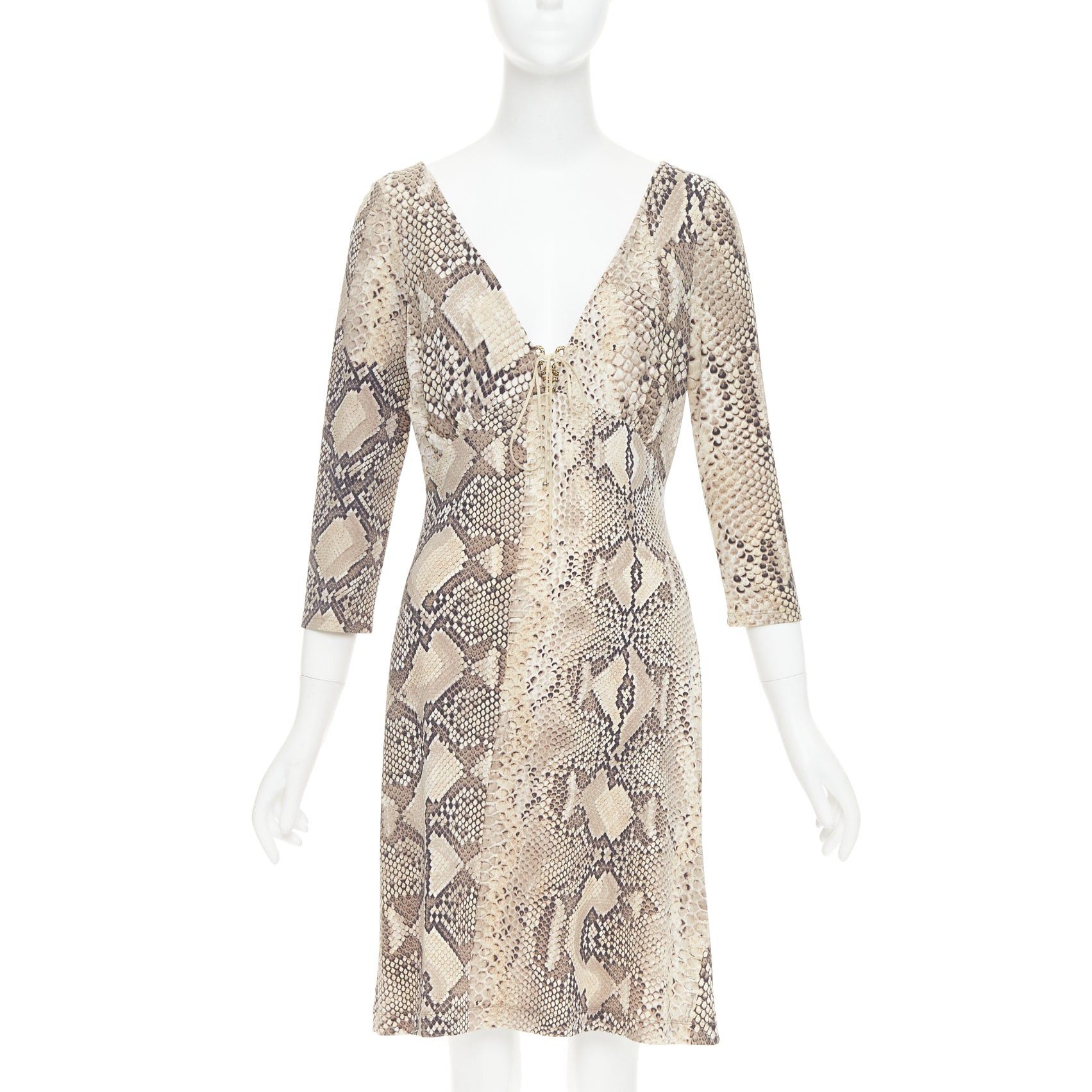 Roberto Cavalli ROBERTO CAVALLI Vintage scaled leather print lace detail V neck dress IT42 M Size M / US 6-8 / IT 42-44 - 1 Thumbnail