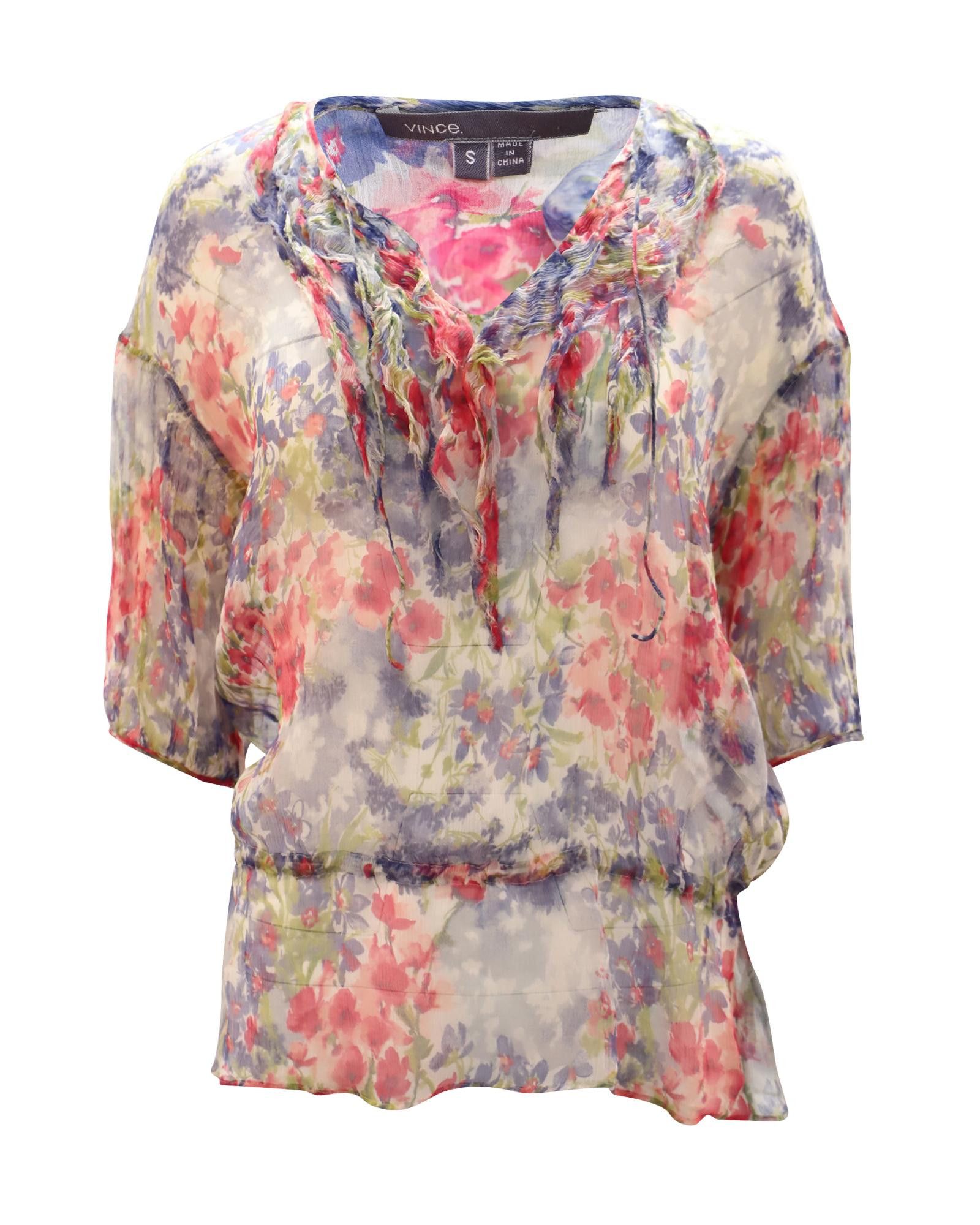 image of Vince Floral Silk Scoop Neck Tunic in Floral Print, Women's (Size Small)