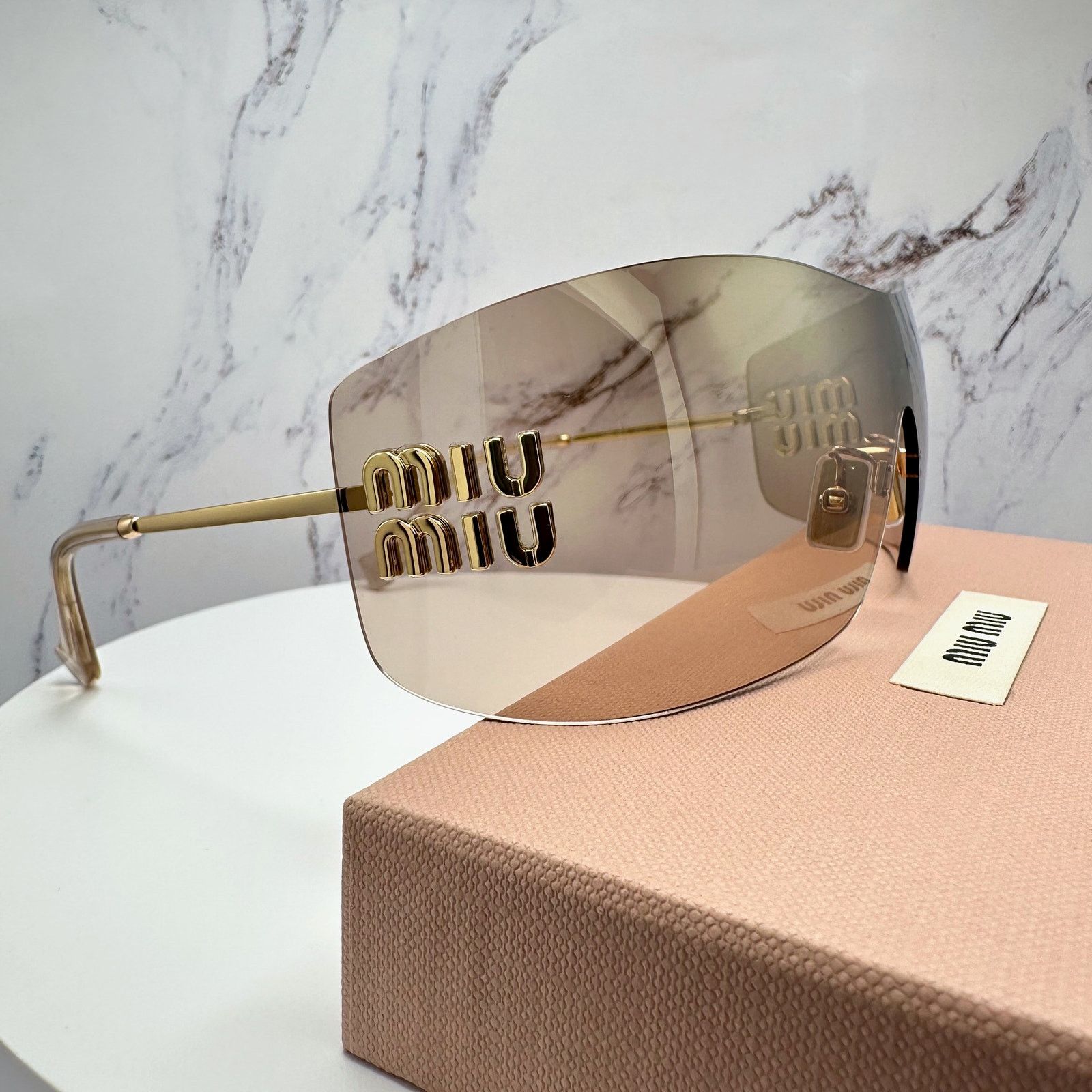 Miu Miu New MIU MIU Sunglasses Gold Light Mirror Bronze Rimless Wrap Size ONE SIZE - 20 Thumbnail