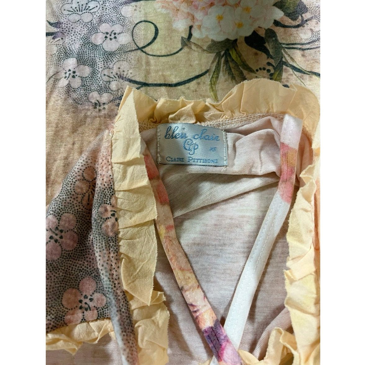 Claire Pettibone Tan Beige Floral Y2K Ruffle Tee Tank Top T-Shirt Blouse XS ✨ Size XS / US 0-2 / IT 36-38 - 4 Thumbnail