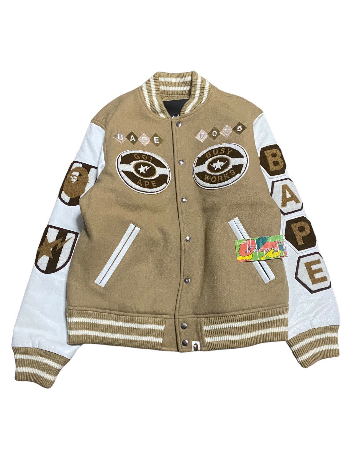 image of Bape Varsity Jacket Bape Logo Beige in Beige White, Men's (Size XL)